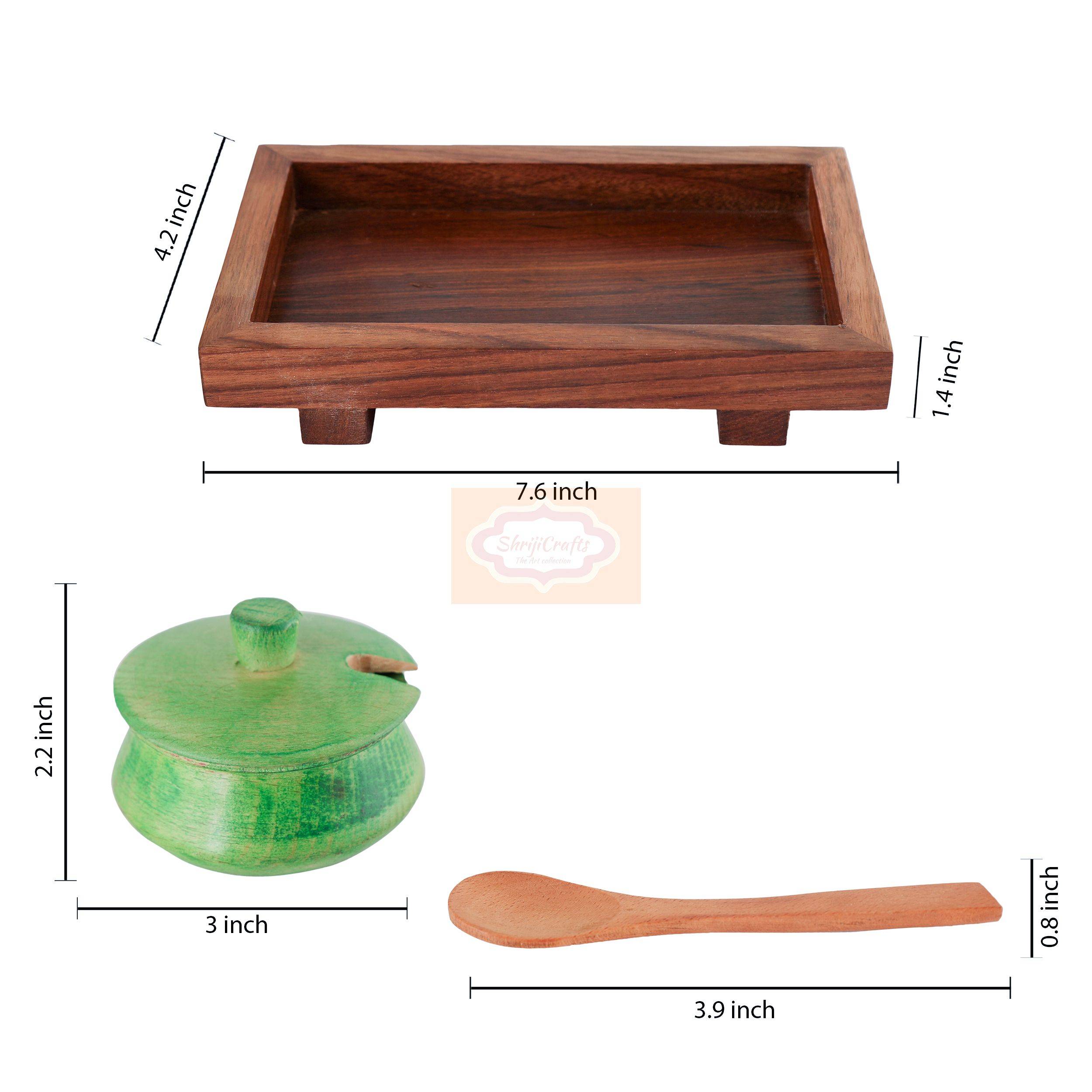 Handcrafted multicolor wooden mukhwas container set with 2 bowls, matching spoons, and a serving tray - View 7
