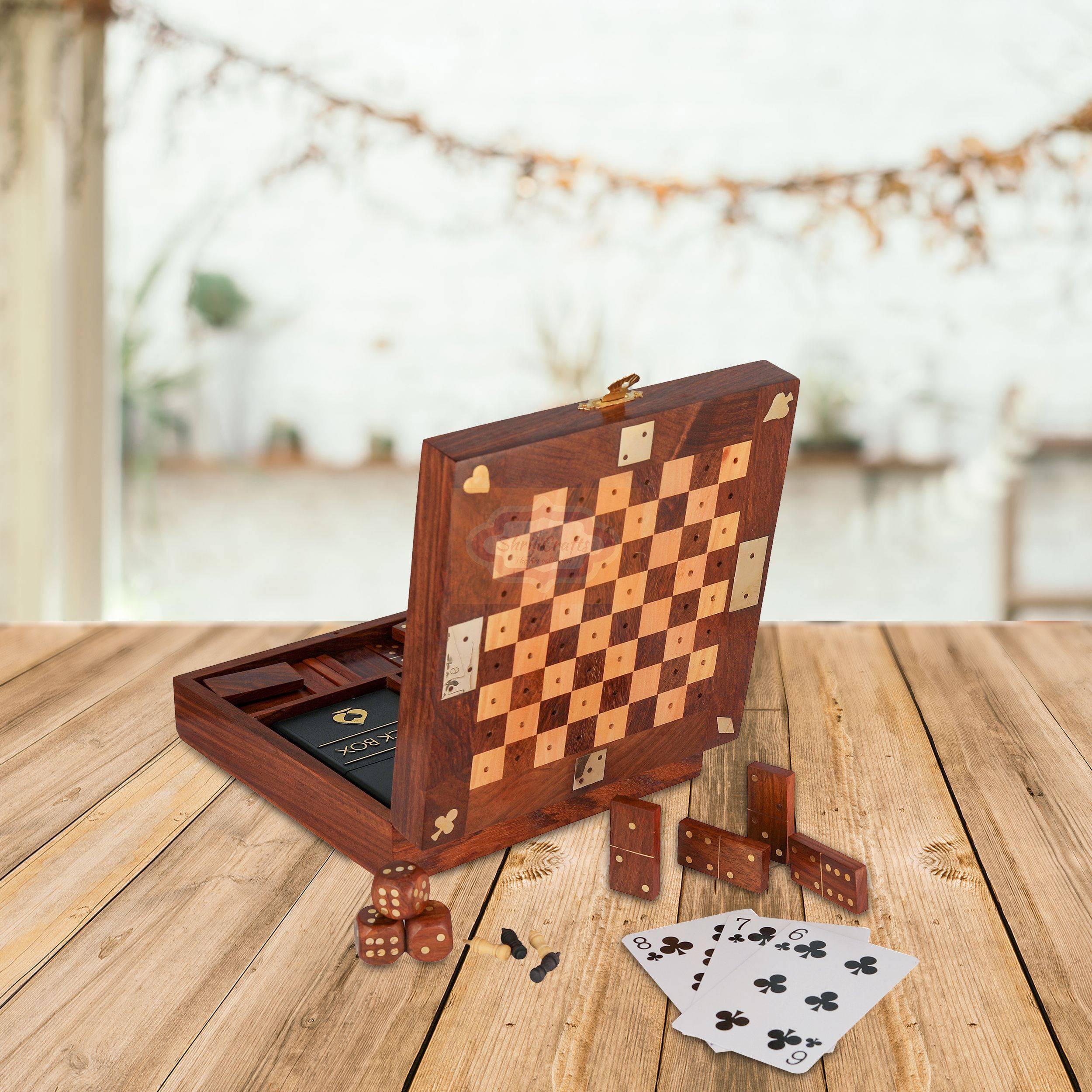 Handcrafted 3-in-1 wooden game set featuring Chess, Dominoes, and Dice in one compact box - View 5