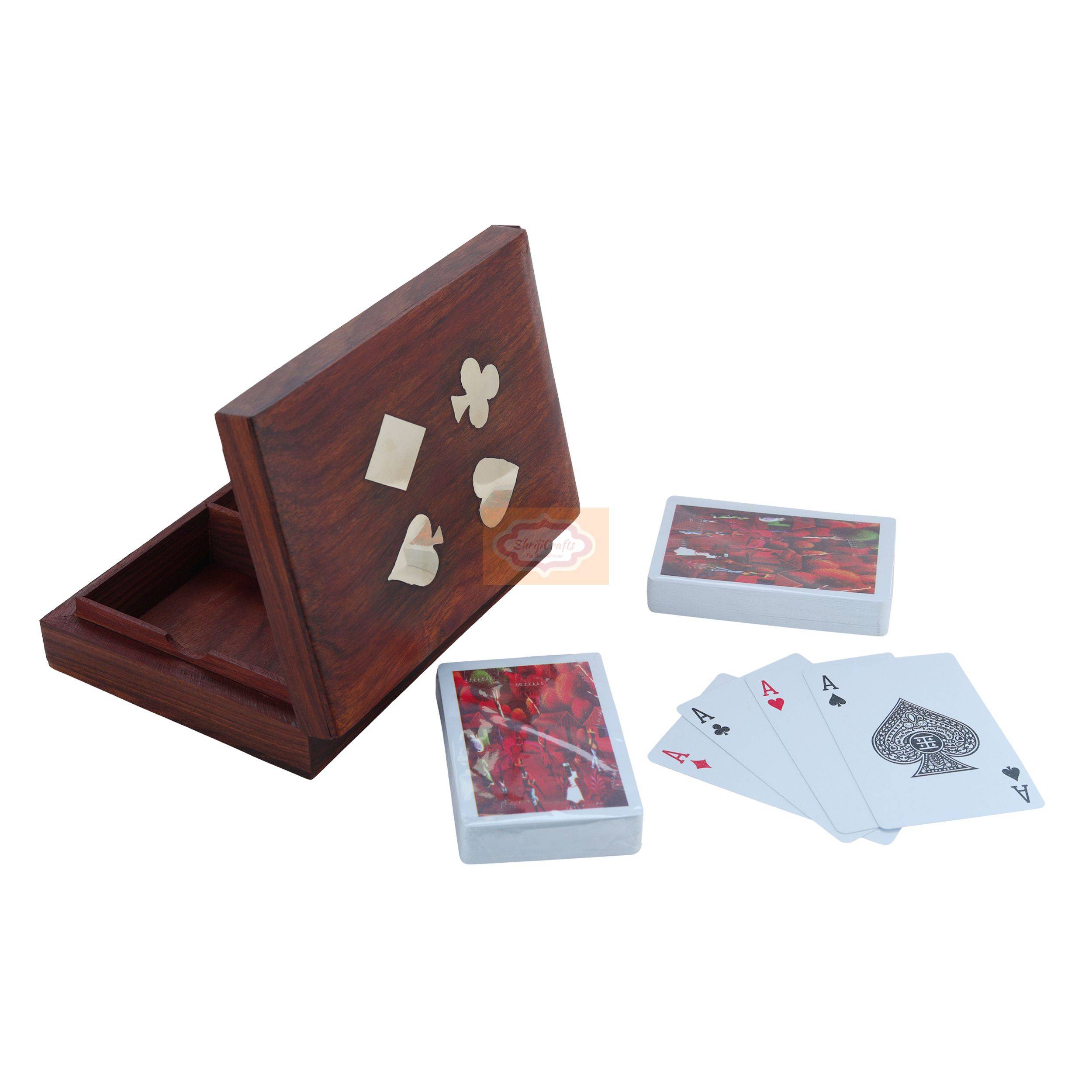Handcrafted wooden storage box designed to hold 2 standard decks of playing cards - View 2