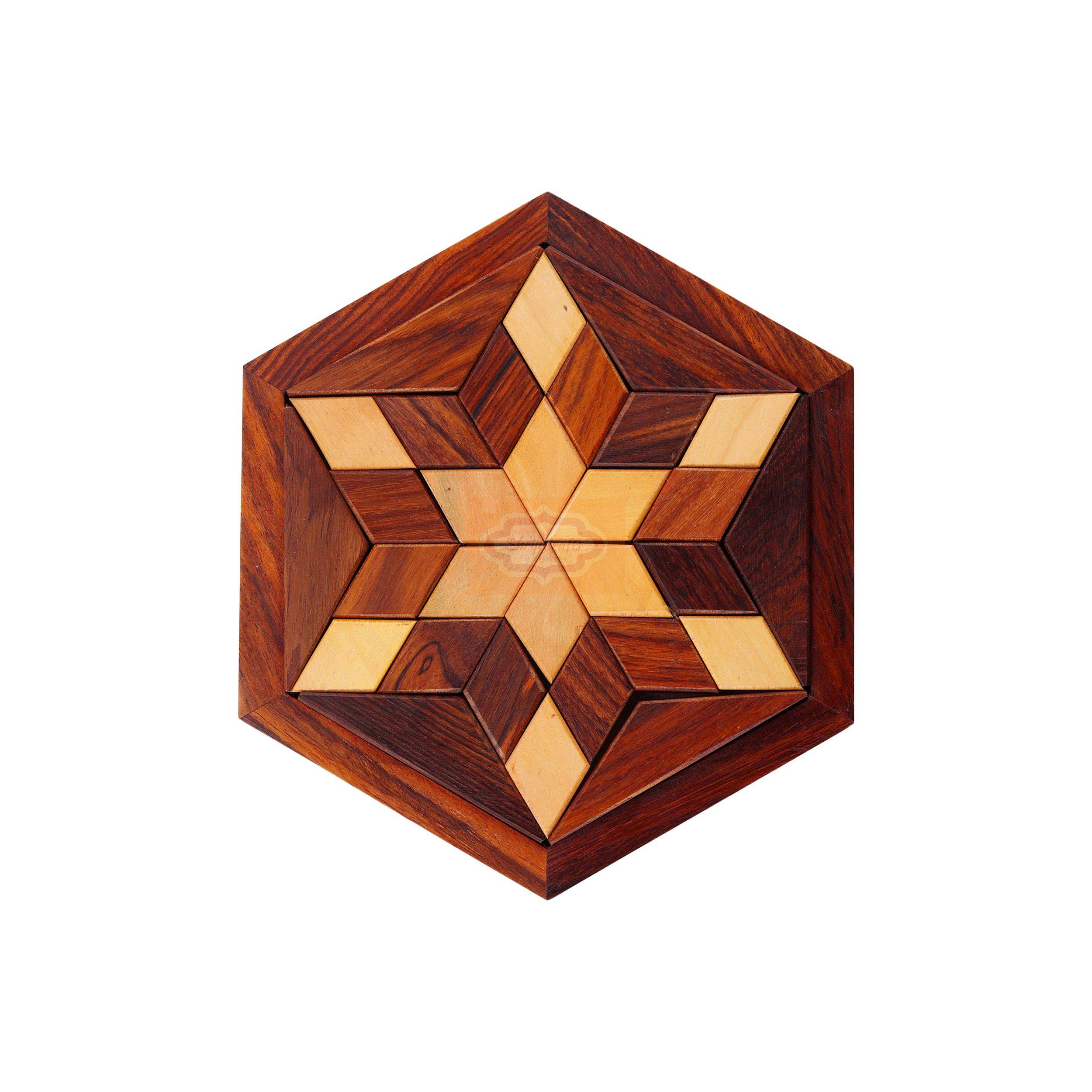Handcrafted Hexagonal Wooden Tangram Puzzle Game with unique star-shaped design — handcrafted wooden product by Shrijicrafts