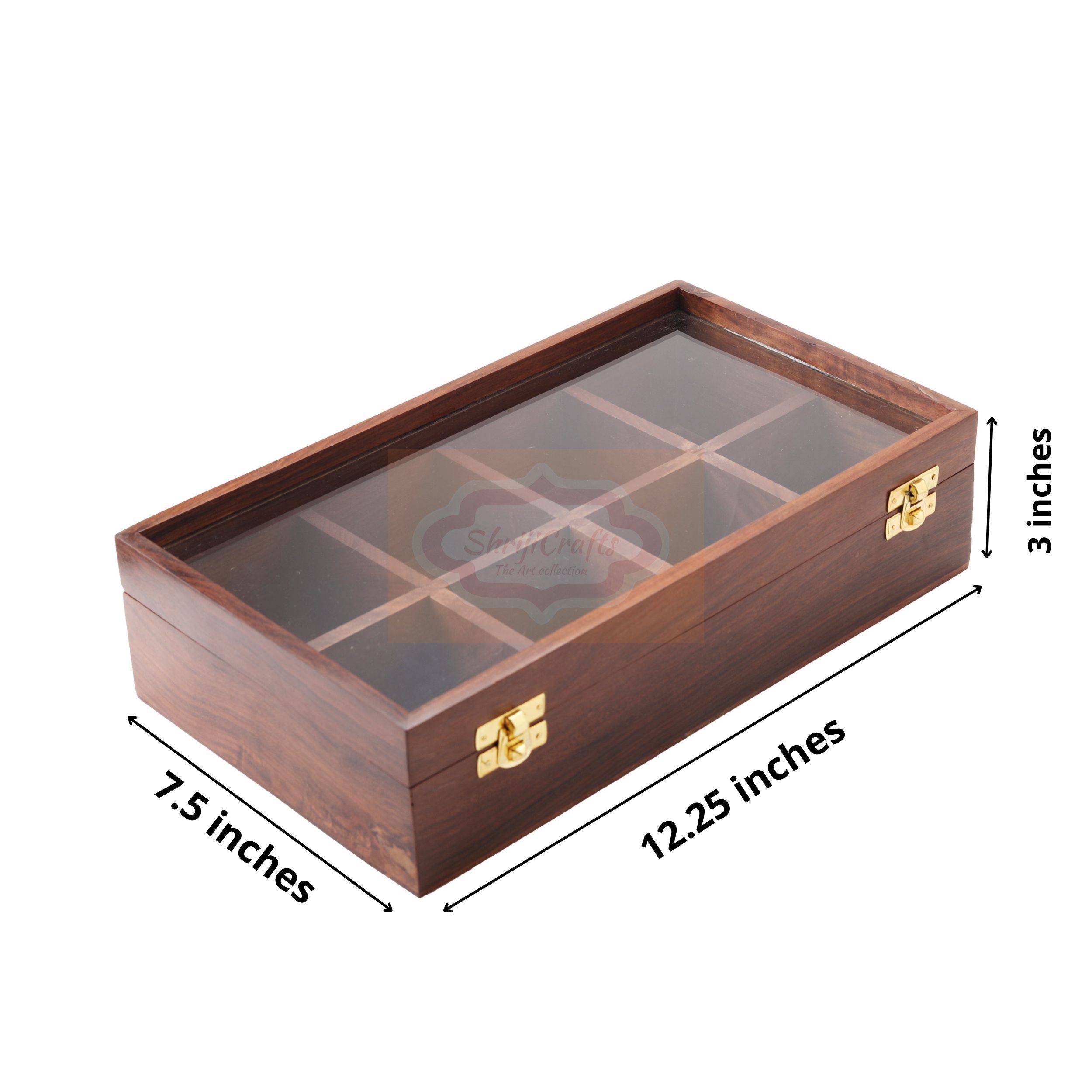 Handcrafted wooden tea bag organizer with 8 spacious compartments and a glass lid - View 4