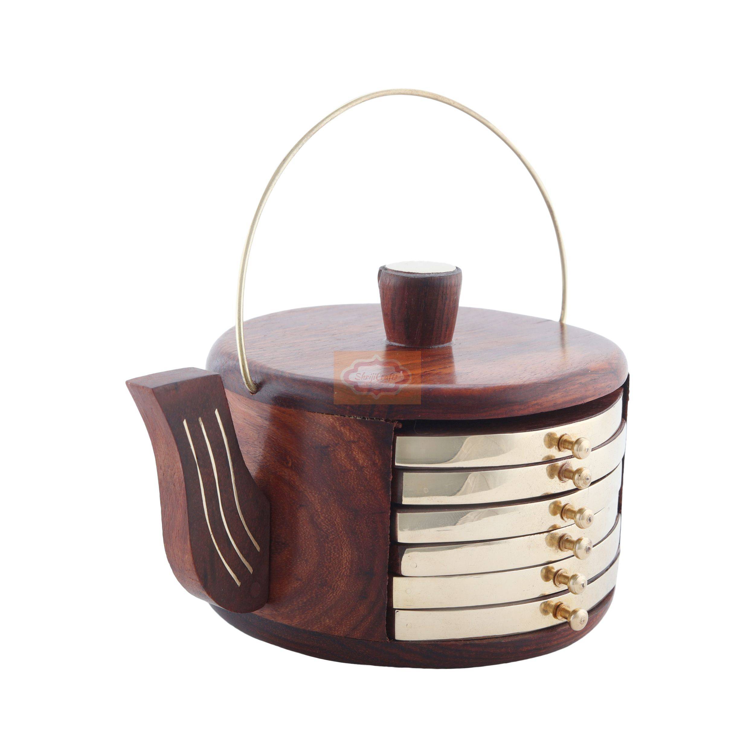 Handcrafted wooden coaster set with a matching holder for stylish table organization - View 4