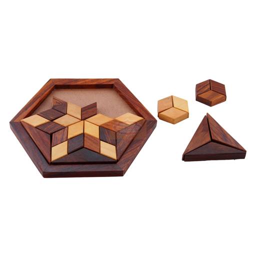 Handcrafted Hexagonal Wooden Tangram Puzzle Game with unique star-shaped design