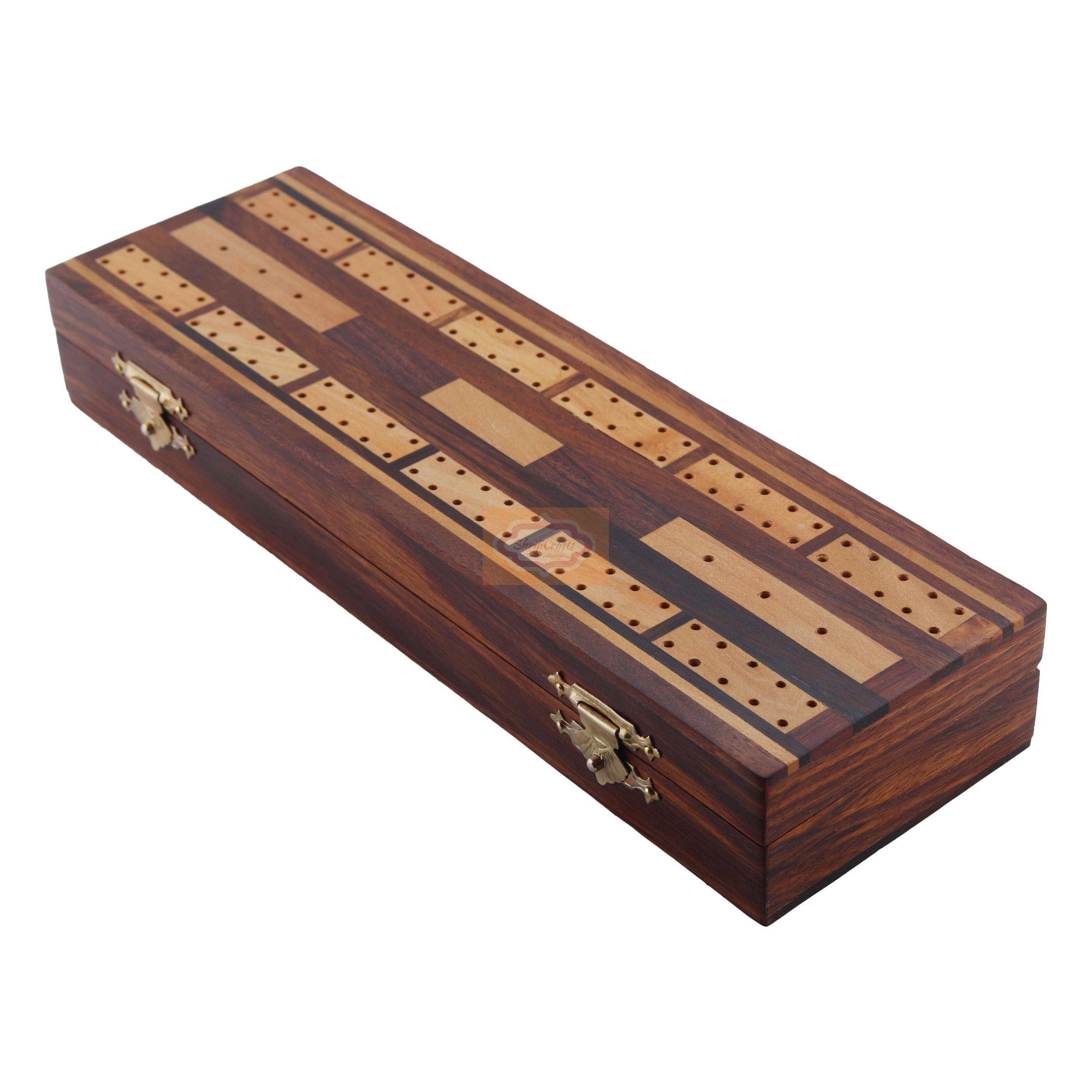 Complete wooden cribbage game set with game board, 6 metal pegs, and 2 decks of playing cards - View 5