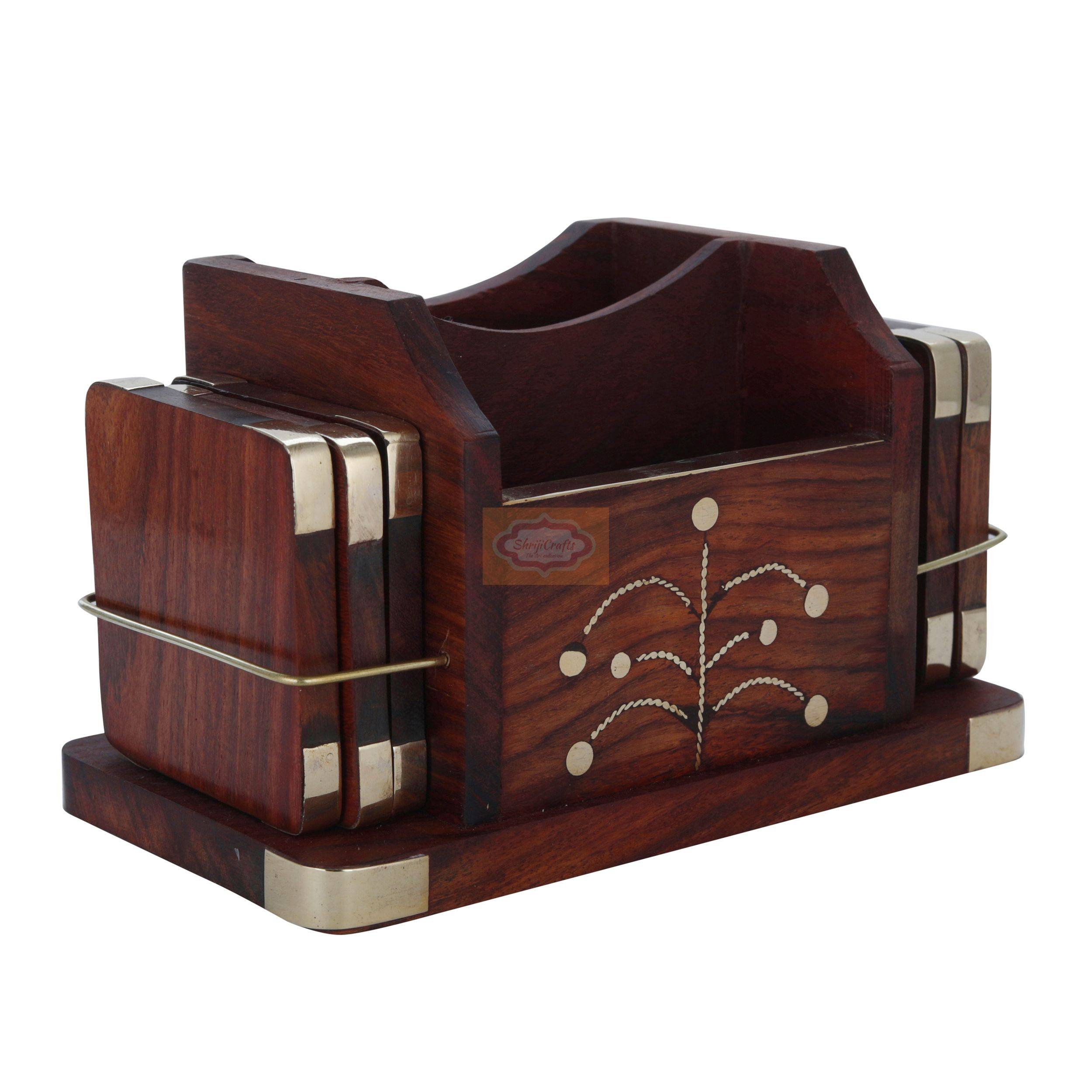 Handcrafted Sheesham wood desk organizer with matching coaster set and elegant brass inlay - View 4