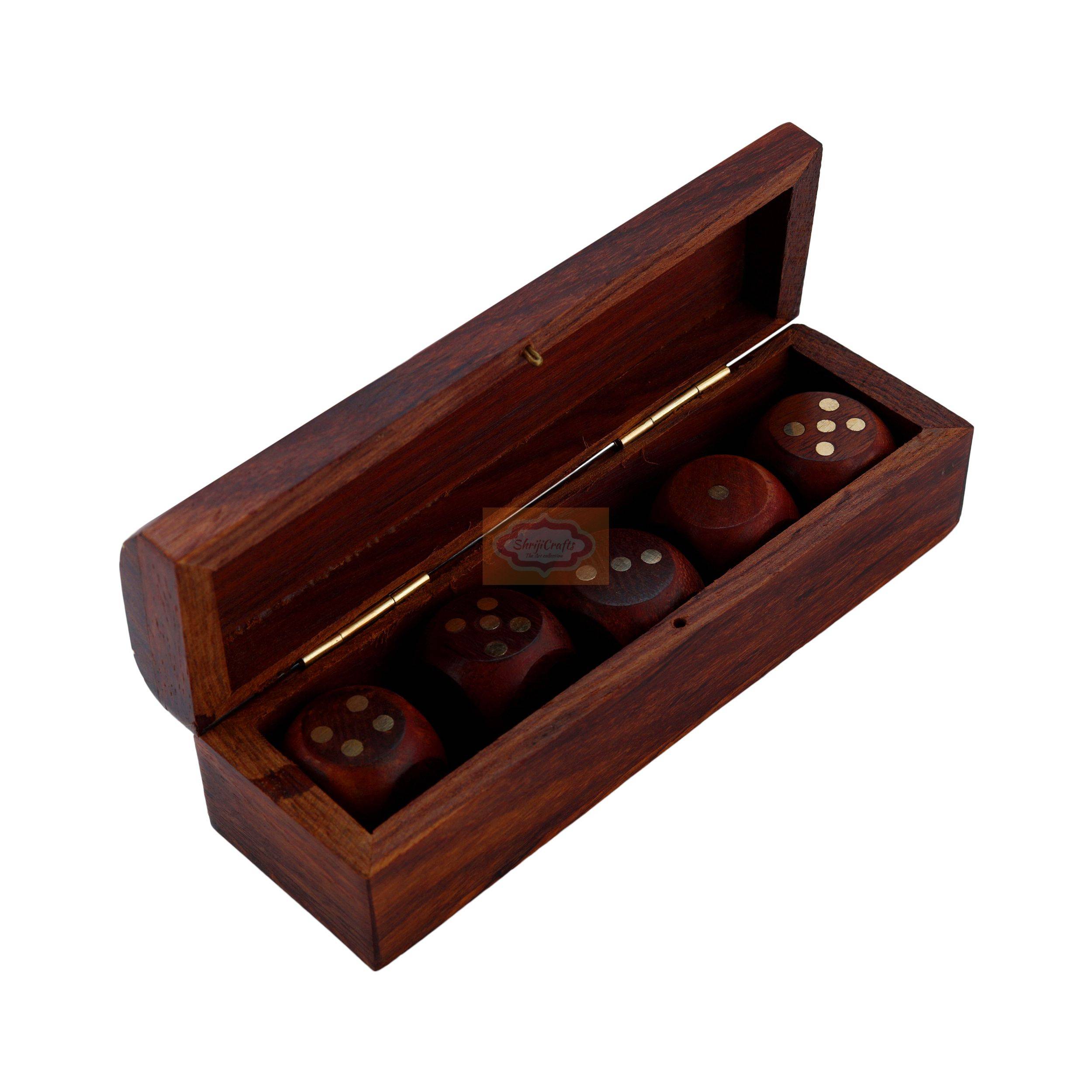 Handcrafted wooden dice box complete with 5 premium playing dice - View 3