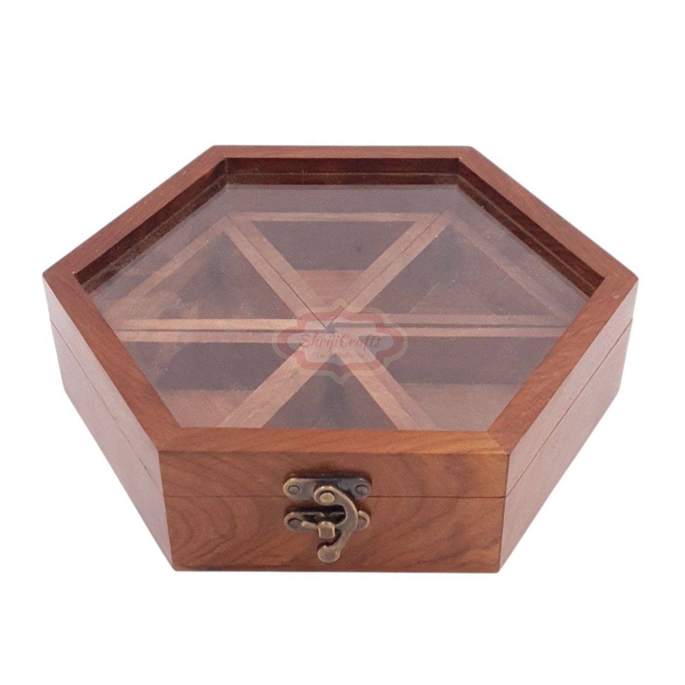 Handcrafted hexagon wooden spice box with 6 spacious compartments and a glass lid - View 5