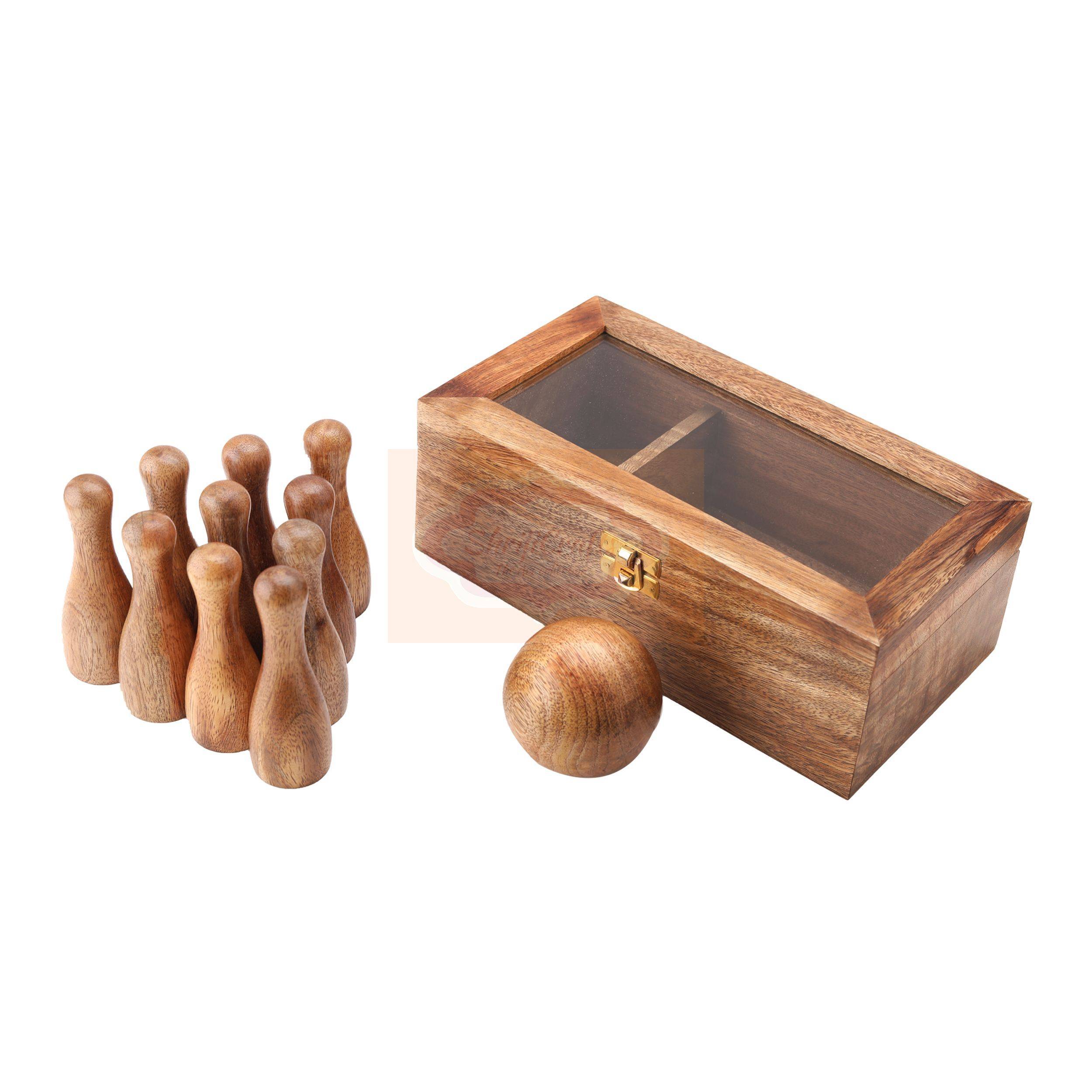 Handcrafted wooden mini bowling game set with a premium glass lid storage box — handcrafted wooden product by Shrijicrafts