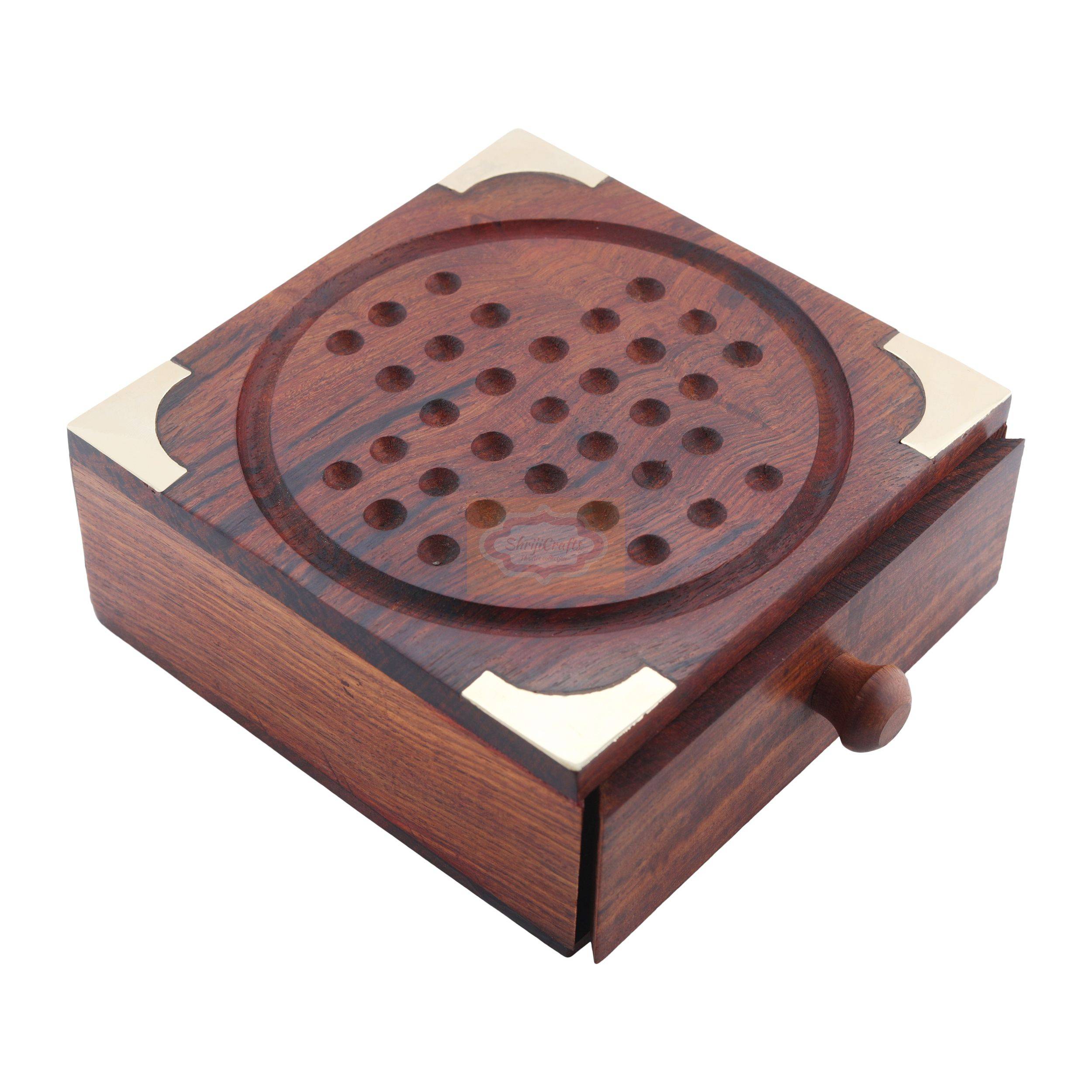 Handcrafted Sheesham wood solitaire board with elegant brass accents and stainless steel playing balls — handcrafted wooden product by Shrijicrafts