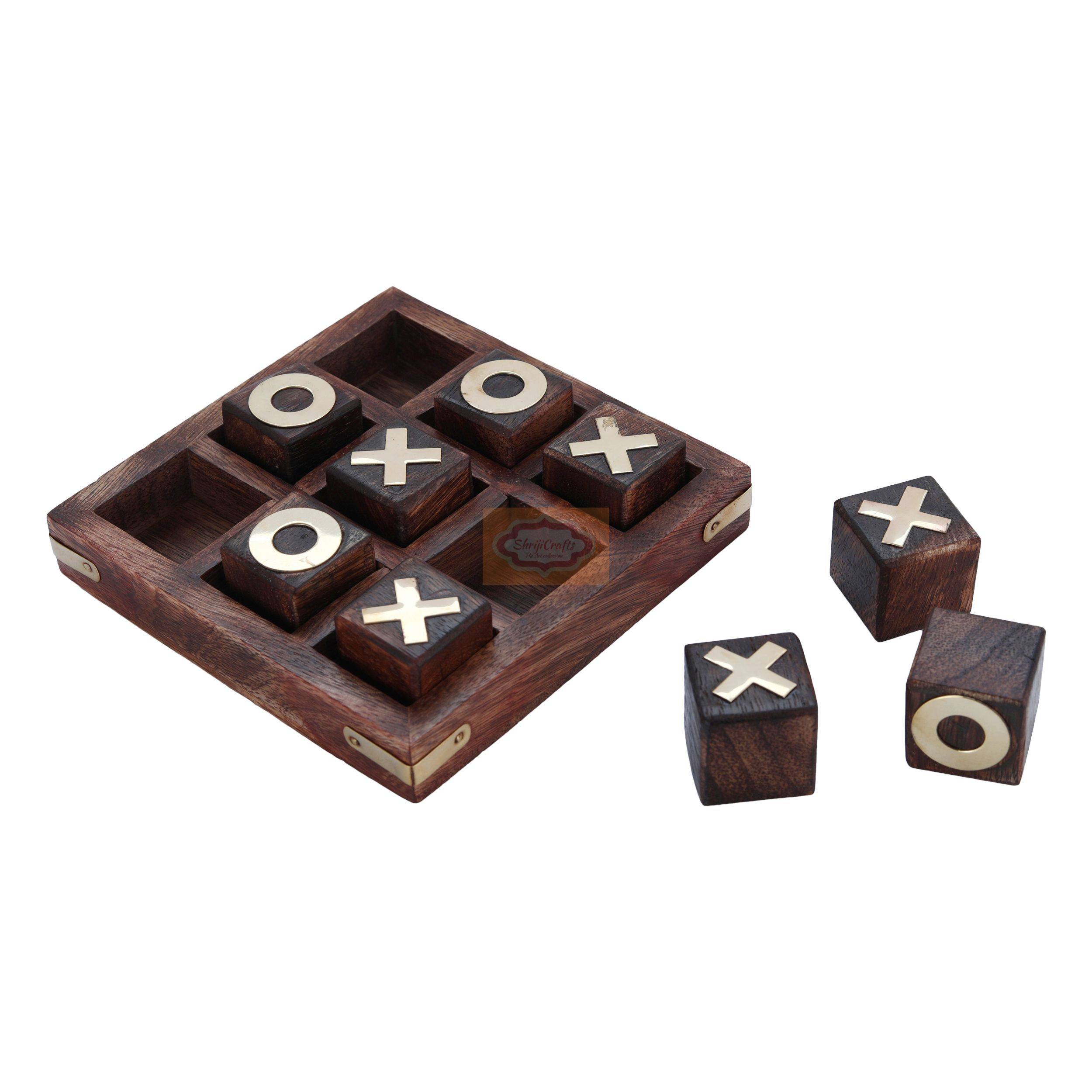 Handcrafted wooden Tic Tac Toe game with elegant brass X & O playing pieces - View 2