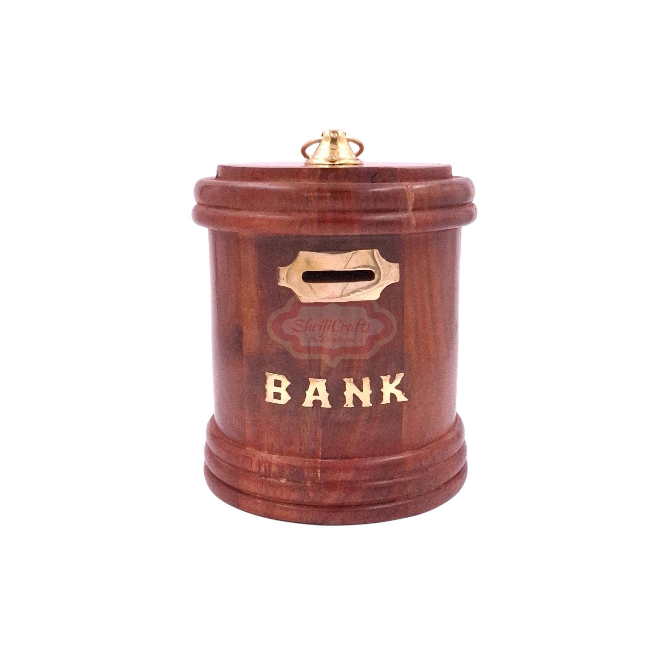 Handcrafted round wooden money bank with a coin slot, secure lock, and key - View 2