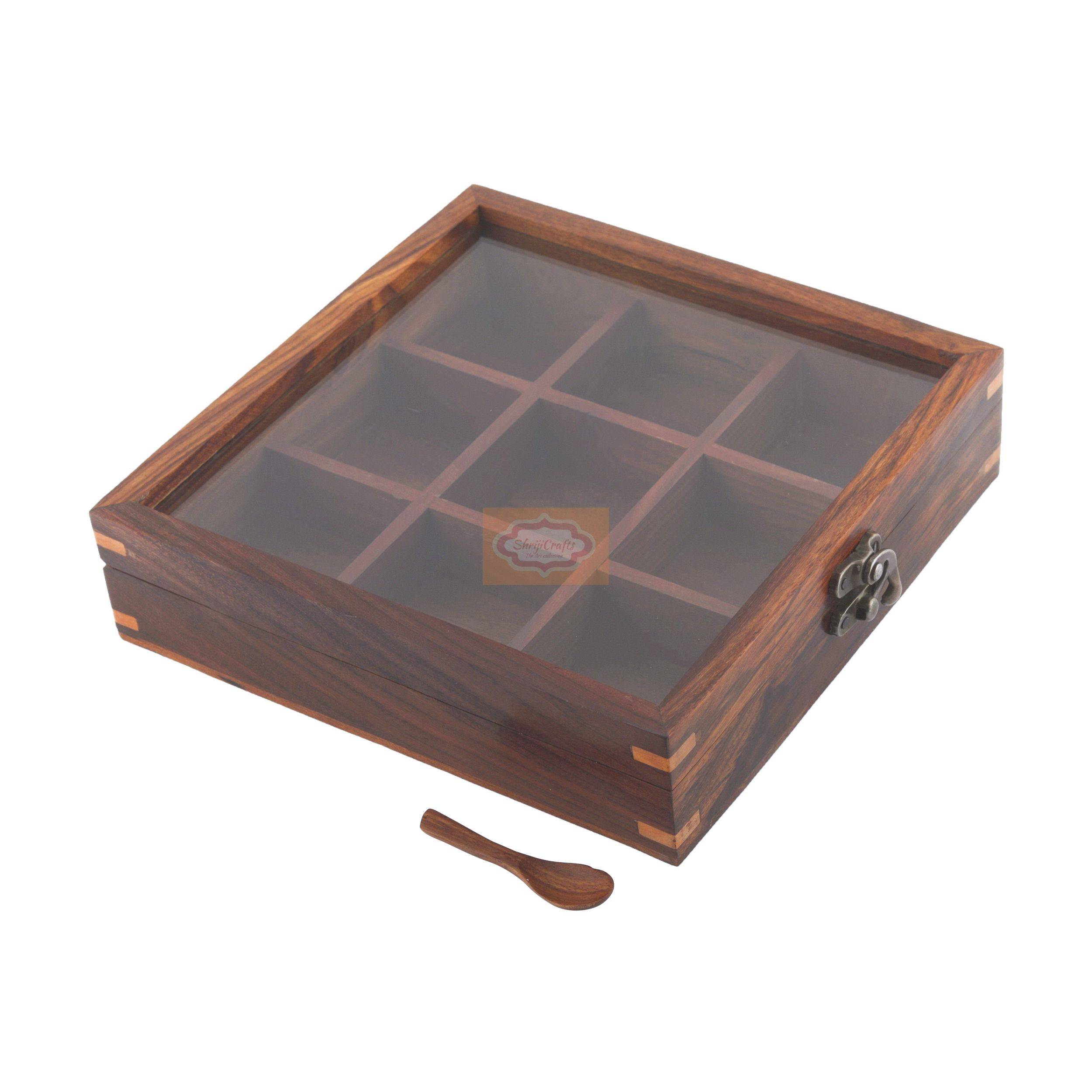 Handcrafted wooden masala box featuring 9 spacious compartments with a clear glass lid - View 5