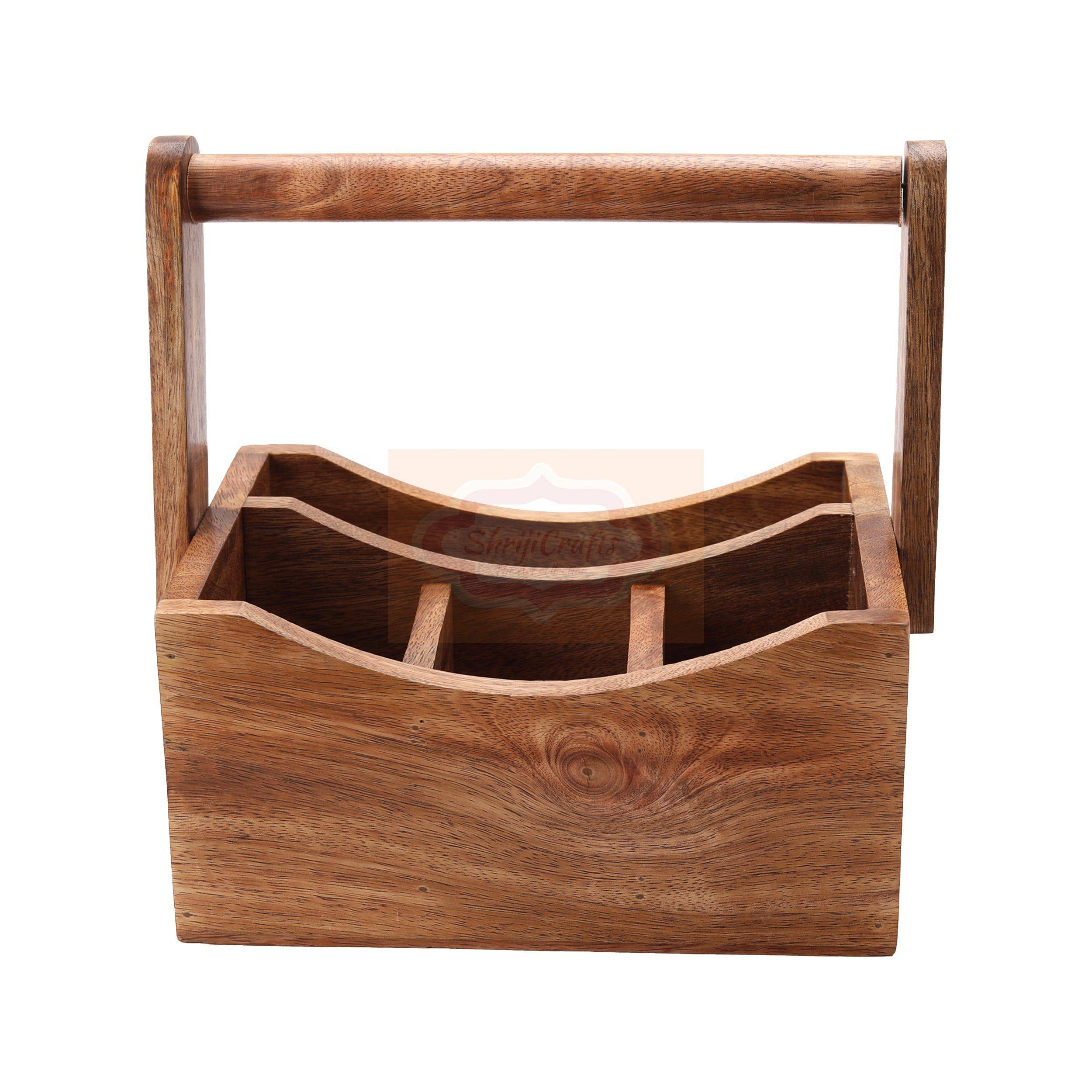 Handcrafted wooden storage basket with a sturdy carrying handle and multiple compartment - View 3