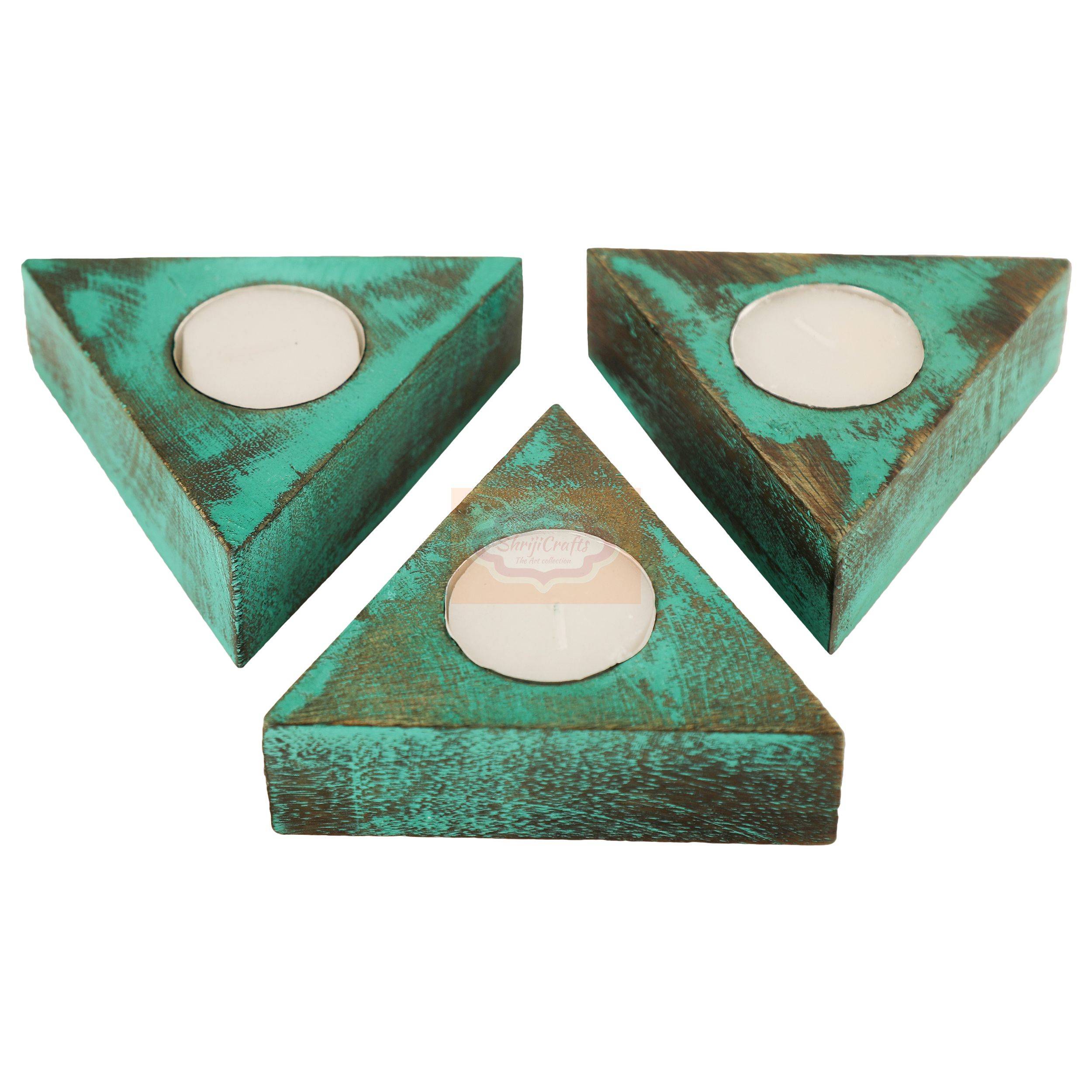 Handcrafted triangular wooden tealight candle holder with an elegant artistic finish - View 2