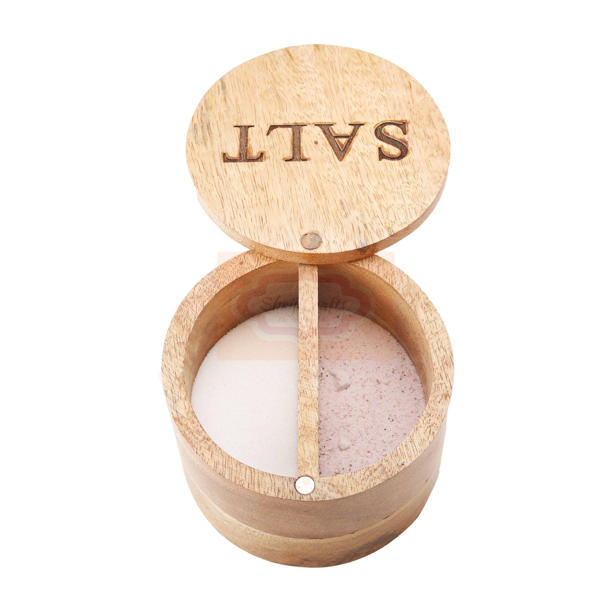 Handcrafted wooden salt box with a matching lid and spoon - View 3