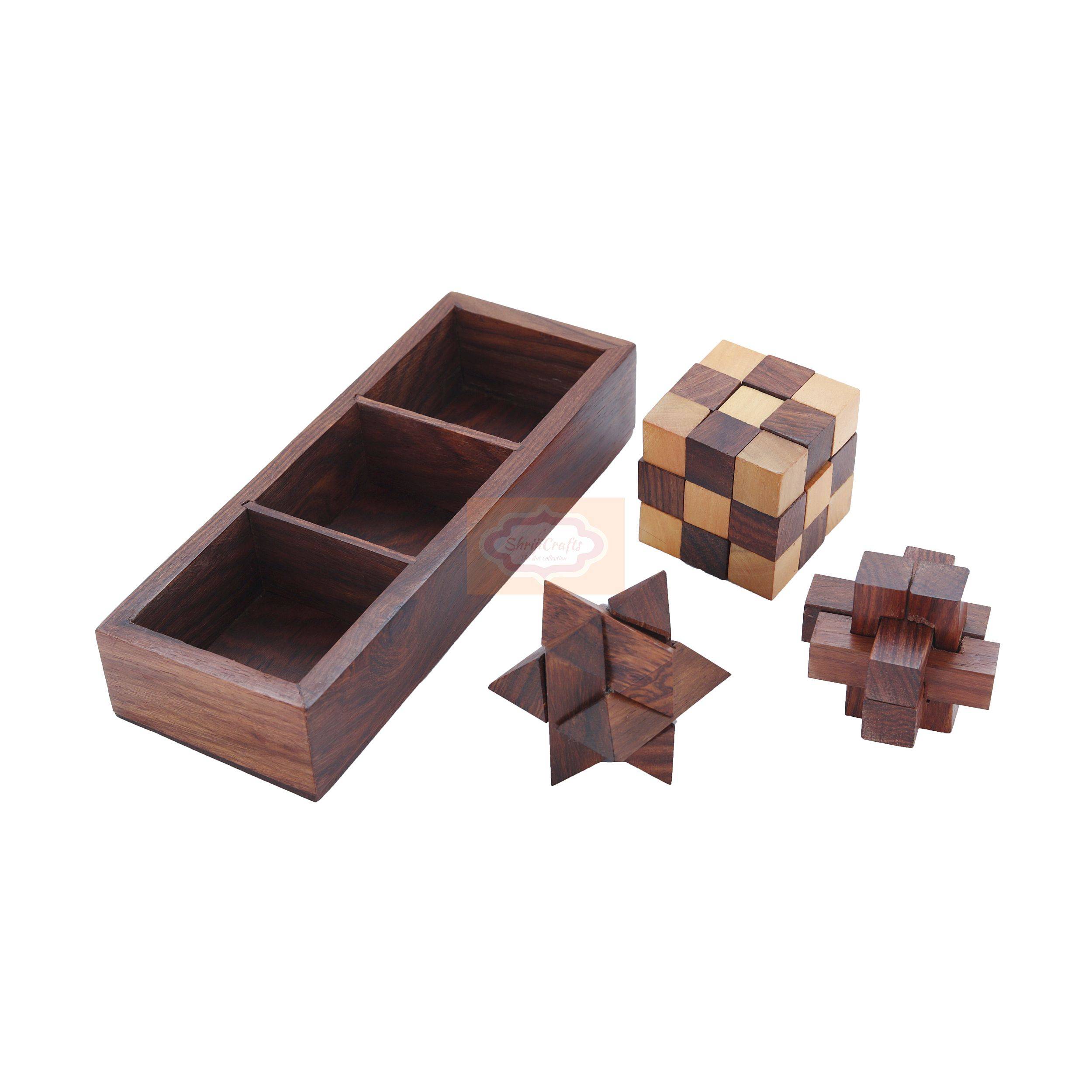 This set includes three 3D puzzles: diagonal burr, snake cube and interlocking blocks — handcrafted wooden product by Shrijicrafts