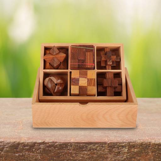 Handcrafted 6-in-1 Wooden Brain Teaser Puzzle Set beautifully crafted from premium pine wood