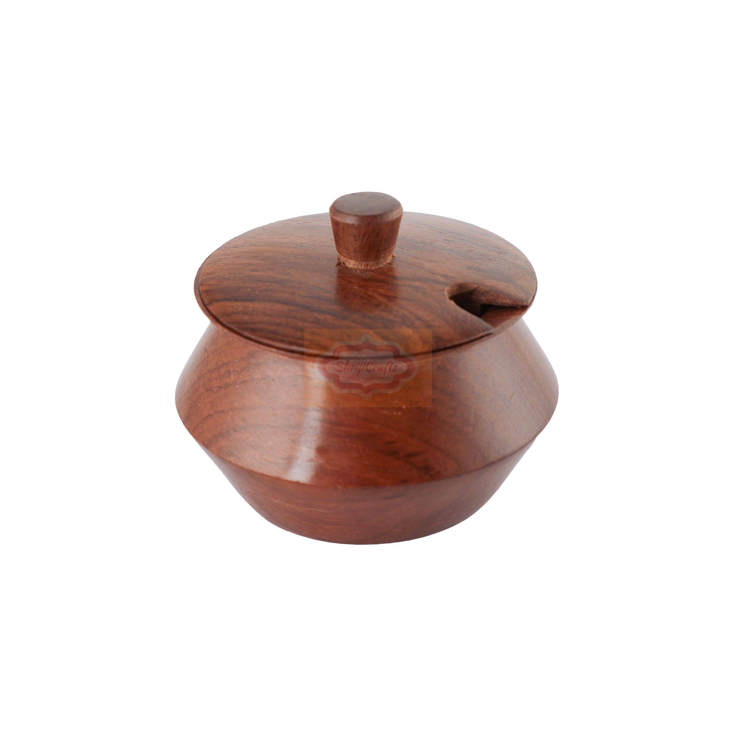 Handcrafted wooden 2-bowl mukhwas container set with matching tray and serving spoons - View 3