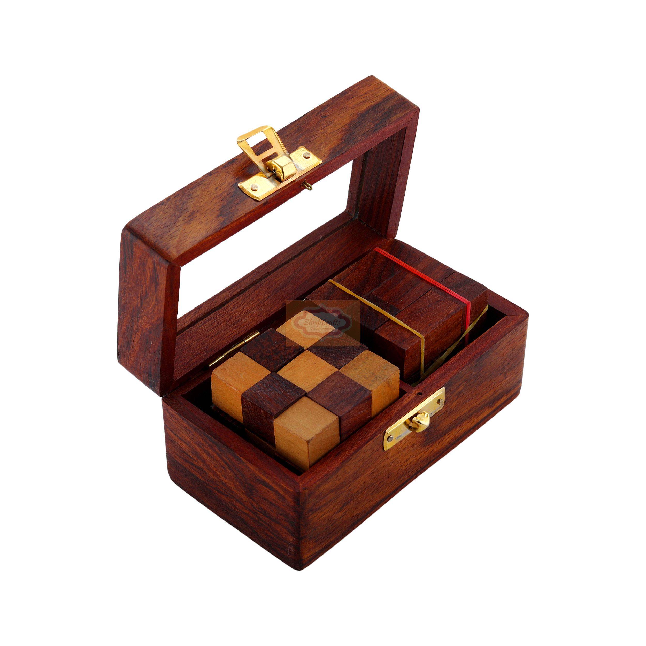 Handcrafted wooden 2-in-1 puzzle set featuring a Snake Cube and Soma Cube — handcrafted wooden product by Shrijicrafts