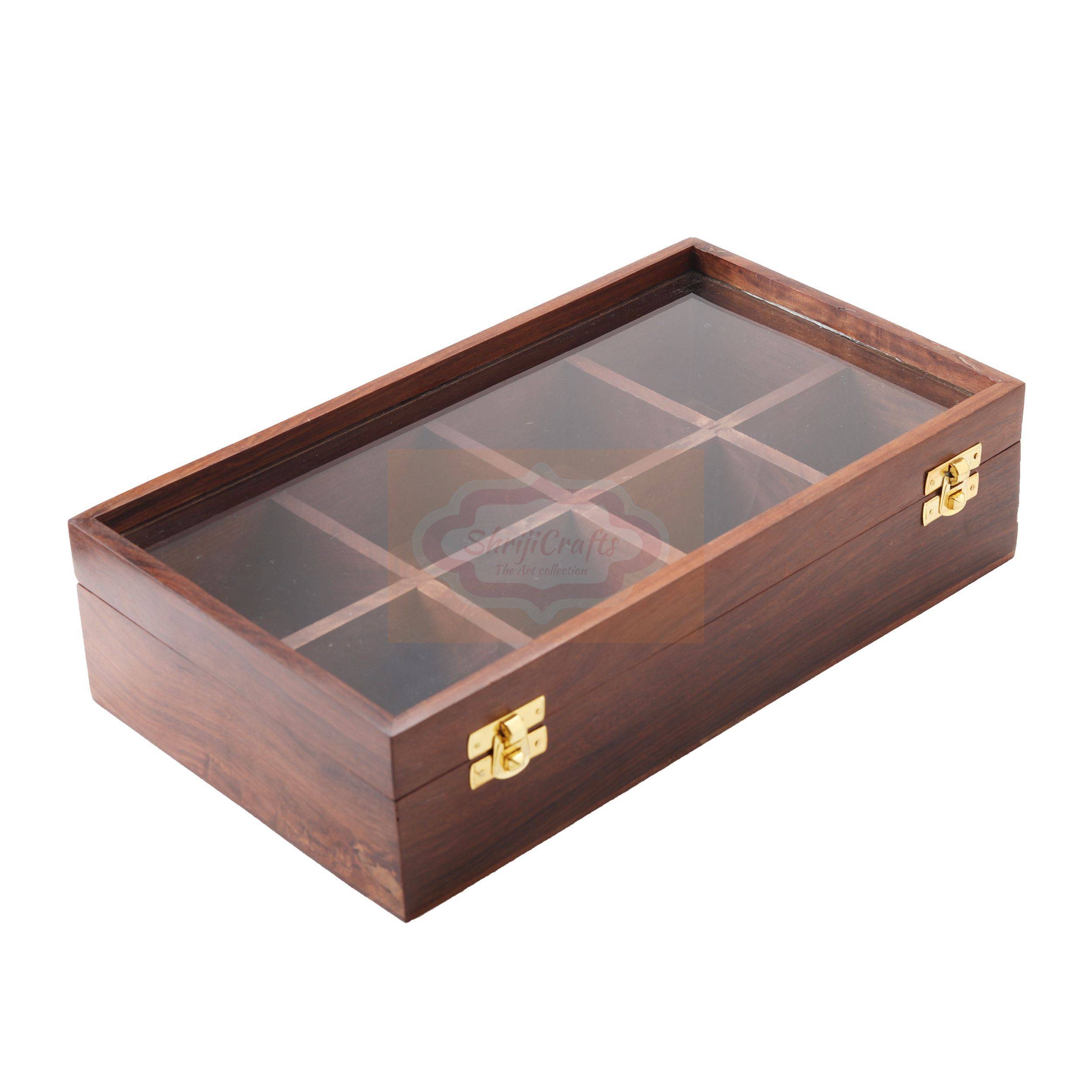 Handcrafted wooden tea bag organizer with 8 spacious compartments and a glass lid - View 6