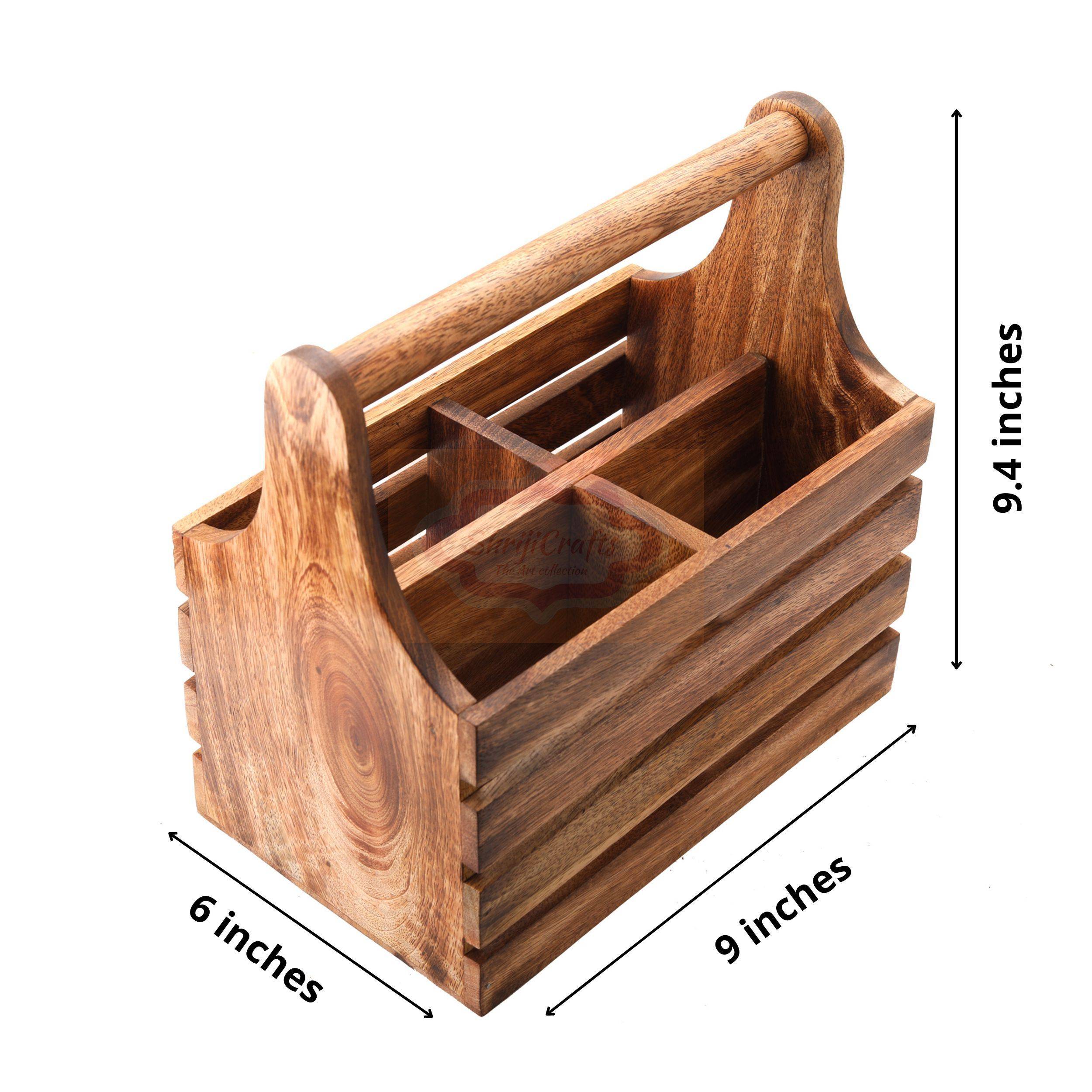 Handcrafted wooden storage basket with a sturdy carrying handle and multiple compartments - View 5