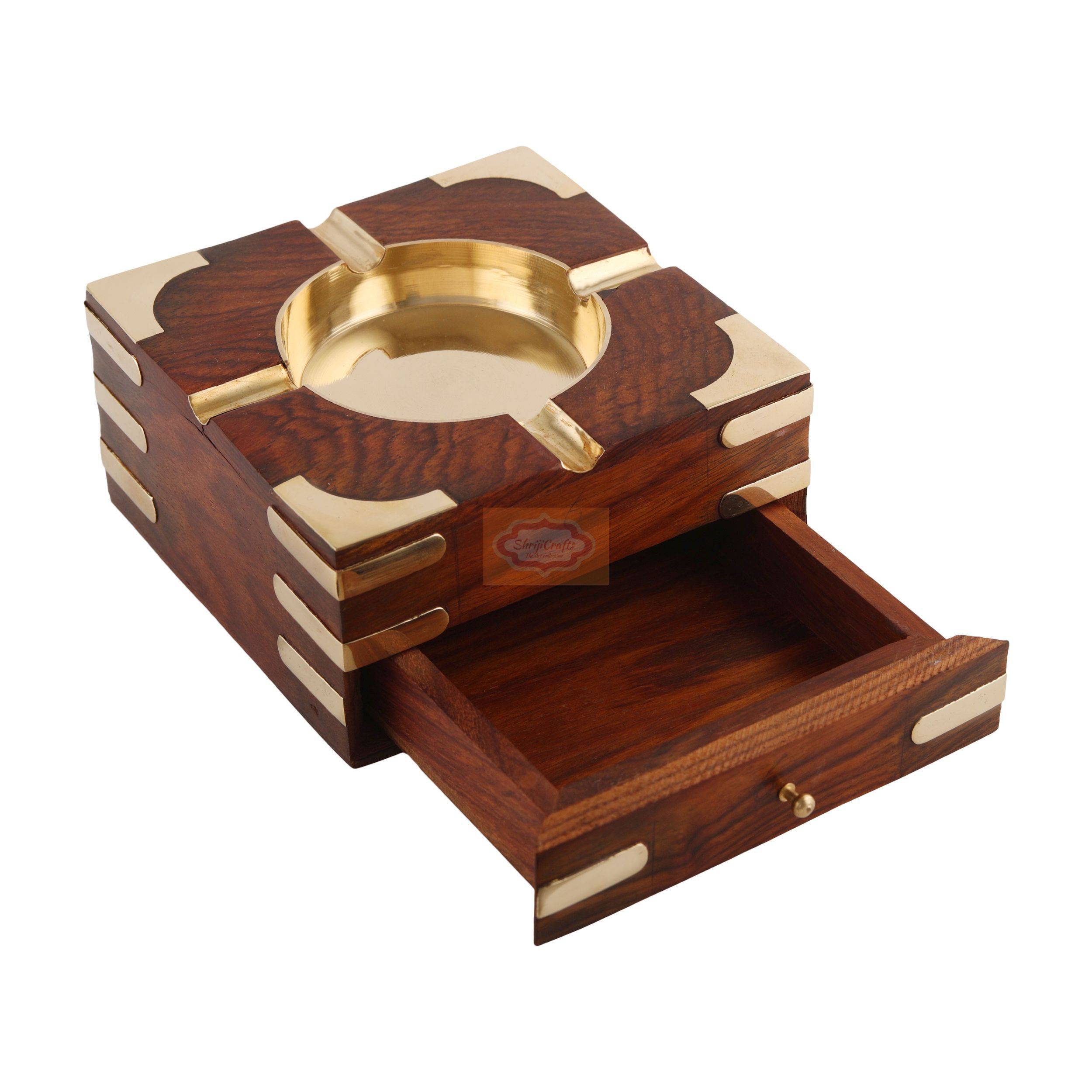 Elegant handcrafted wooden and brass ashtray with built-in cigarette holders - View 3