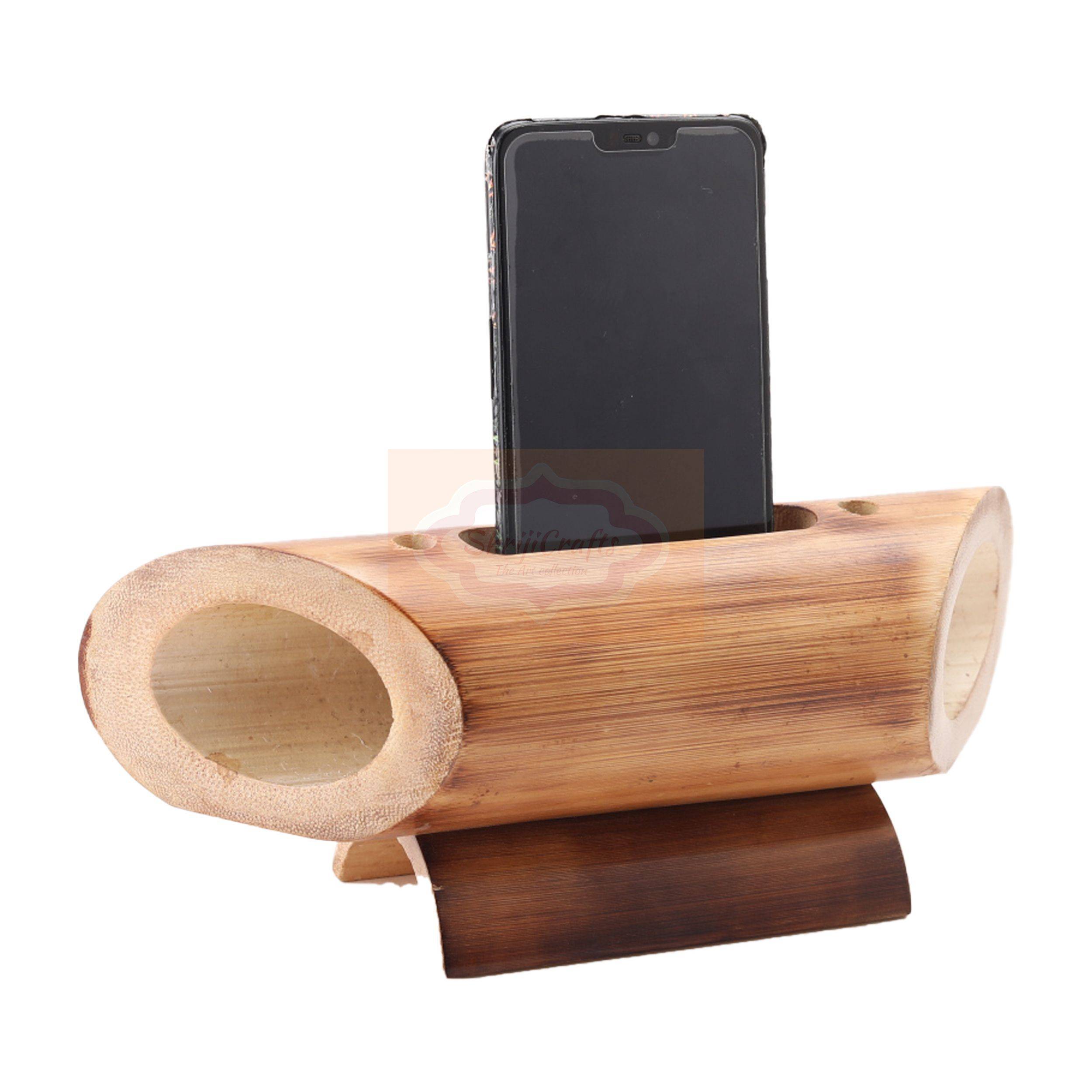 Handcrafted bamboo wooden mobile amplifier that naturally enhances your smartphone’s sound without electricity — handcrafted wooden product by Shrijicrafts