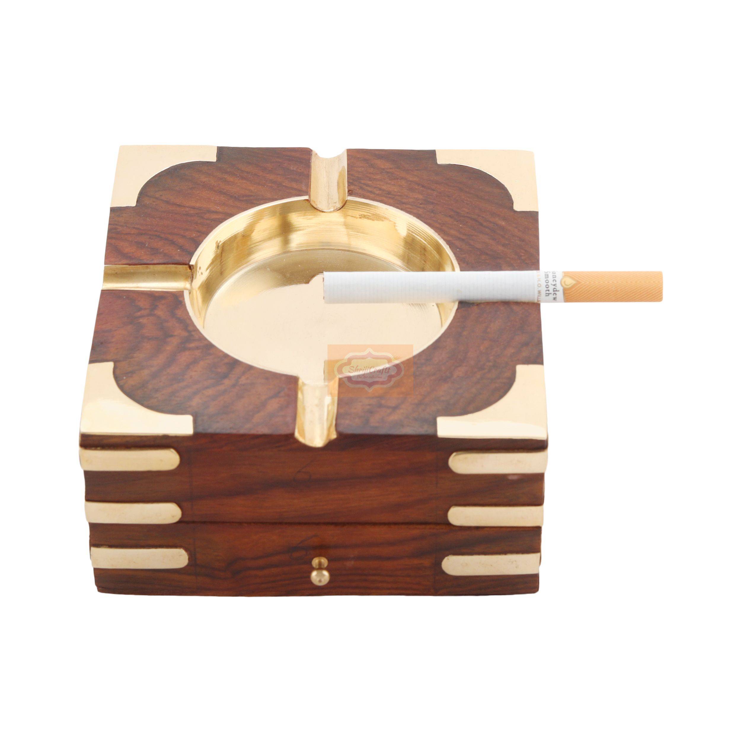 Elegant handcrafted wooden and brass ashtray with built-in cigarette holders - View 4