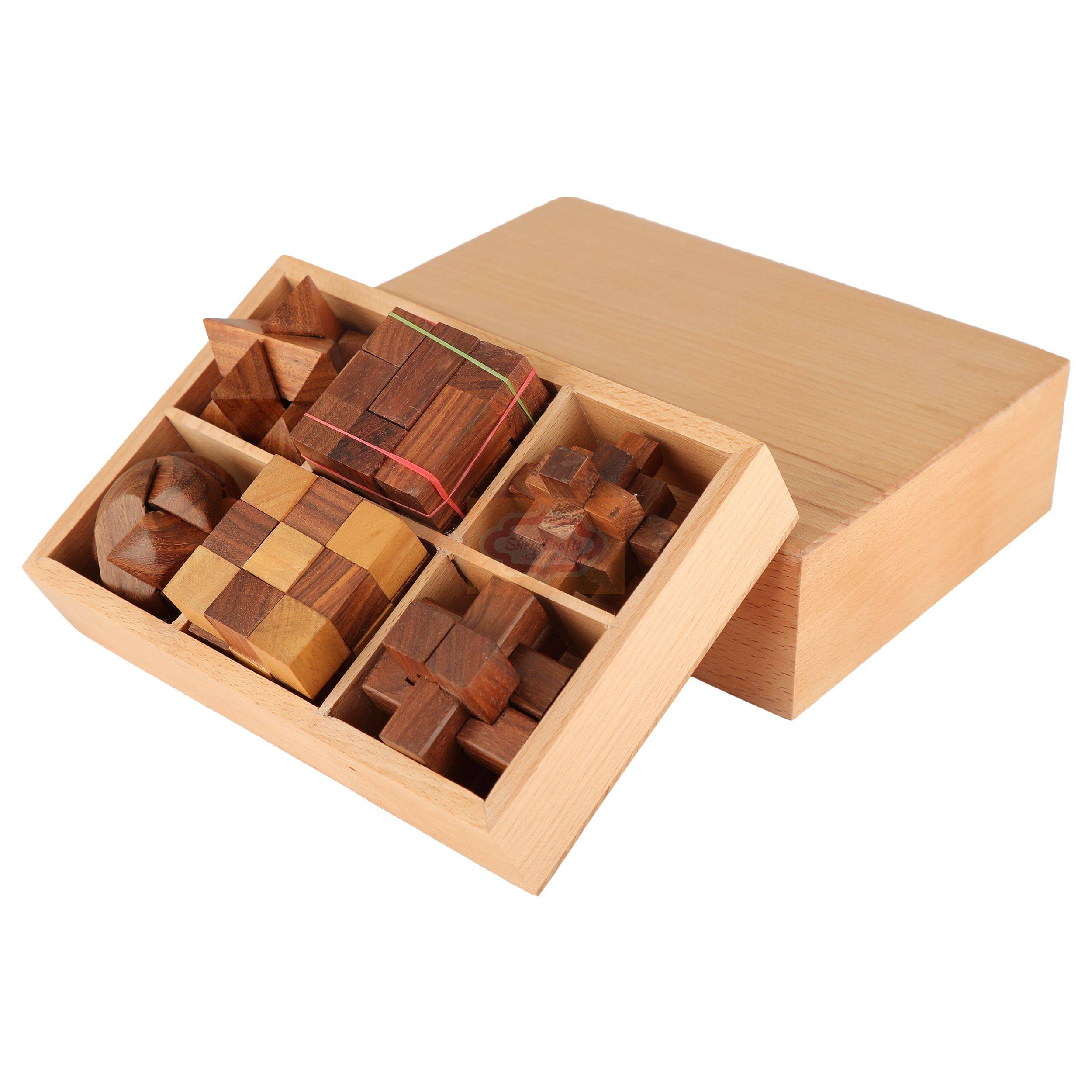 Handcrafted 6-in-1 Wooden Brain Teaser Puzzle Set beautifully crafted from premium pine wood — handcrafted wooden product by Shrijicrafts