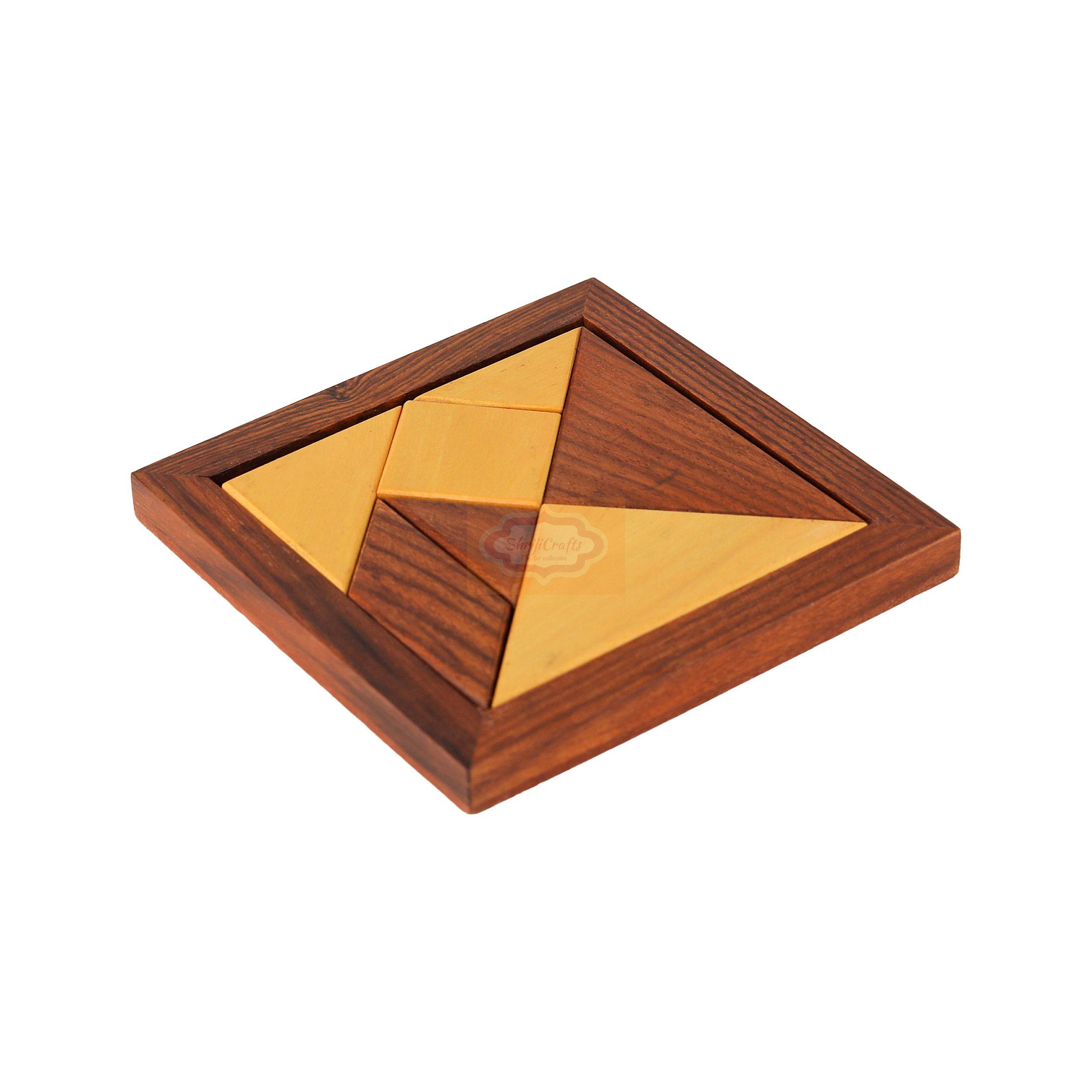Handcrafted Wooden Tangram Puzzle with 7 geometric pieces for creative learning and fun  — handcrafted wooden product by Shrijicrafts