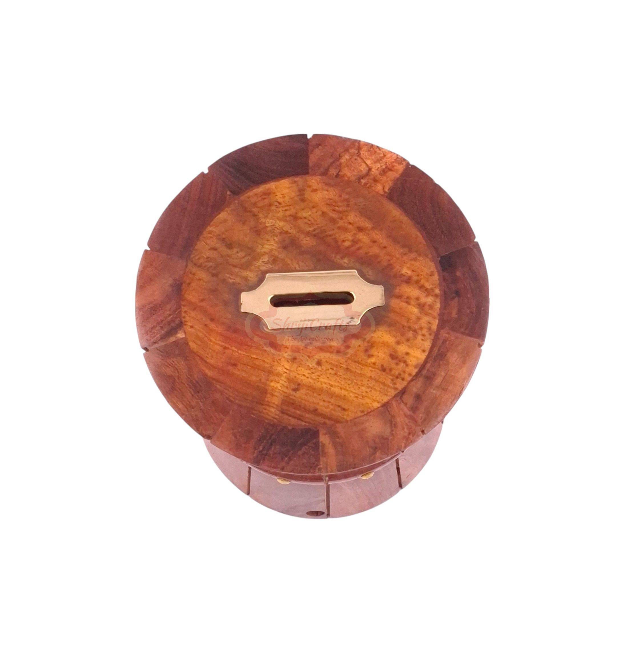 Handcrafted barrel-shaped wooden money bank with a coin slot, secure lock, and key - View 2