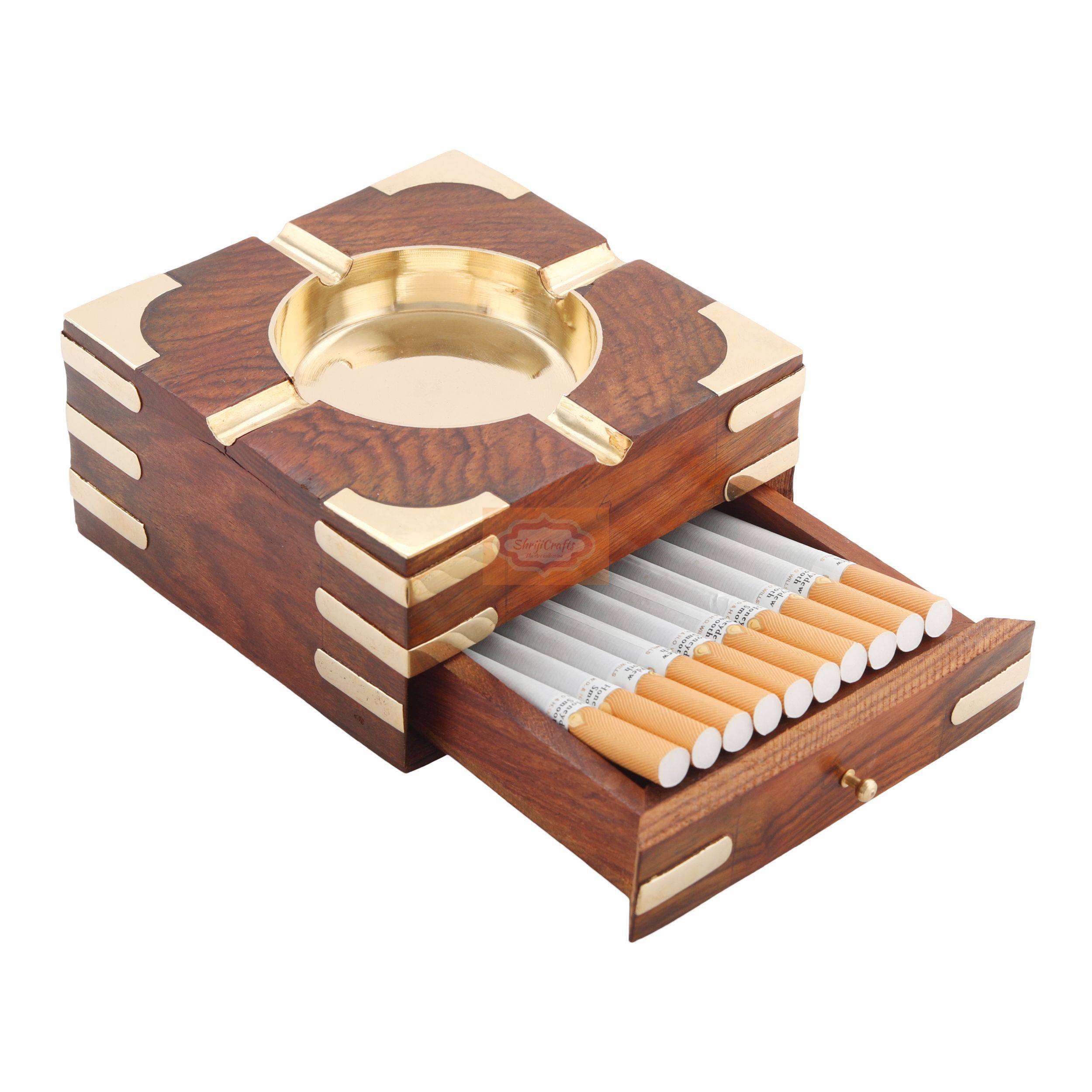 Elegant handcrafted wooden and brass ashtray with built-in cigarette holders - View 2