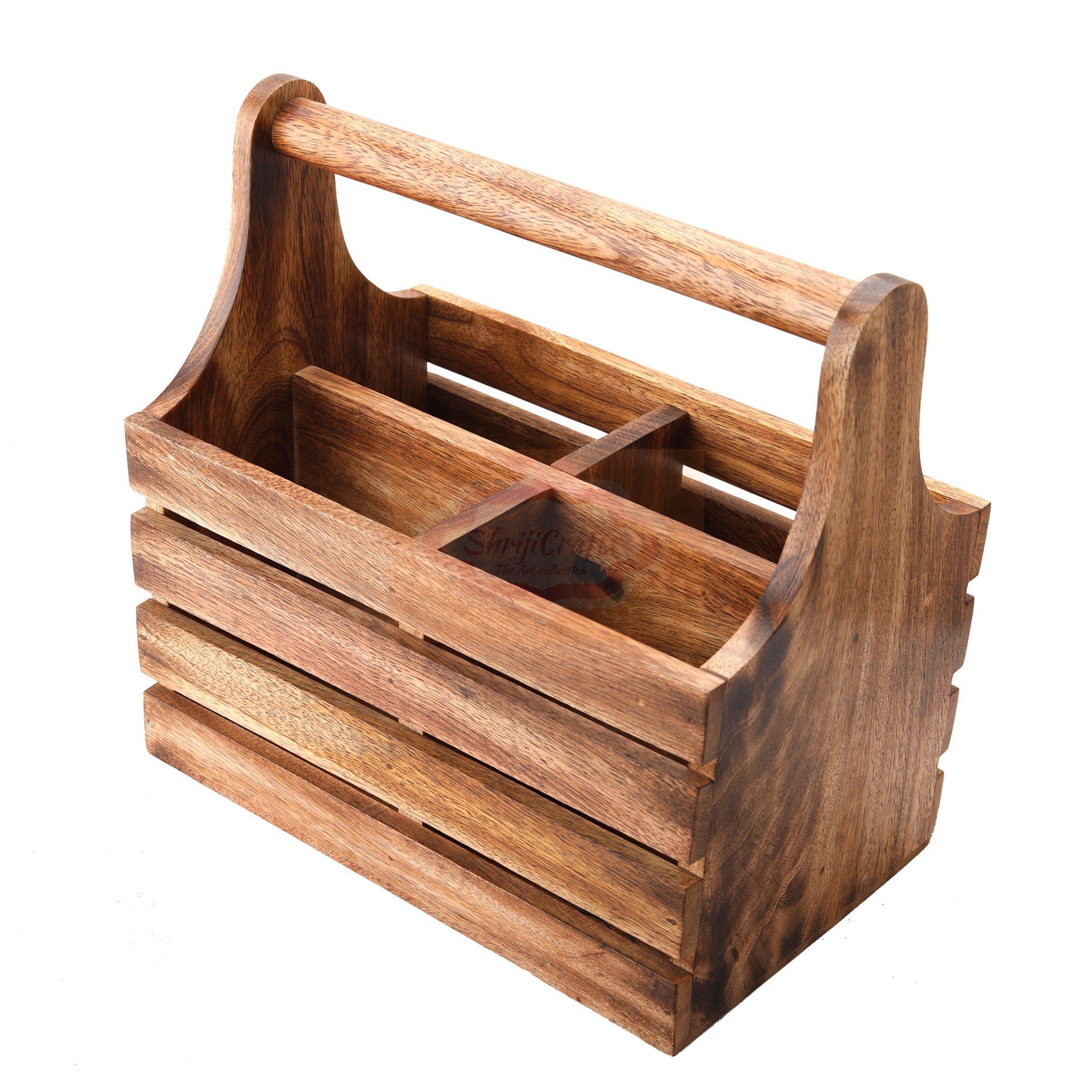 Handcrafted wooden storage basket with a sturdy carrying handle and multiple compartments - View 4