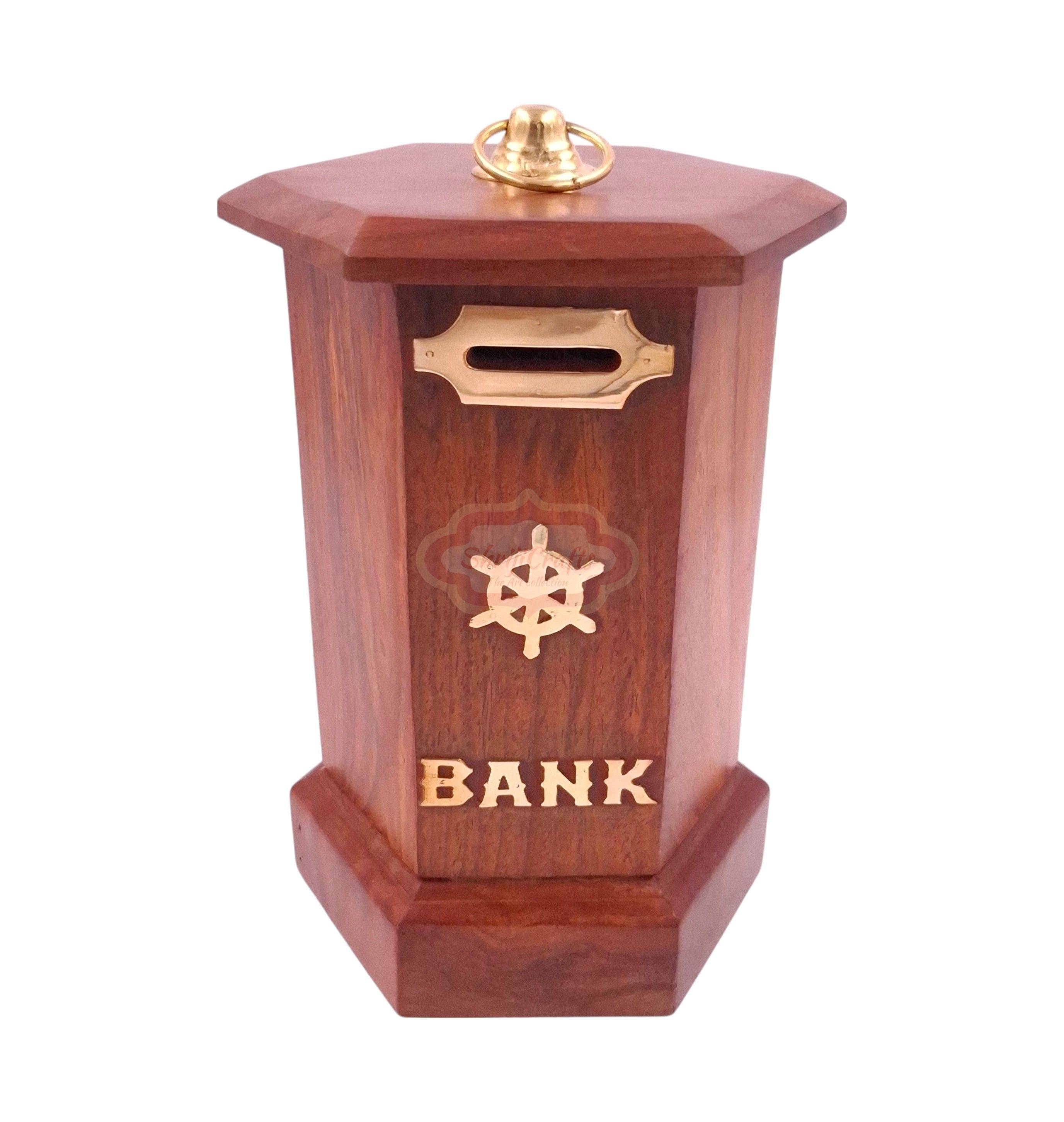 Handcrafted wooden money bank with a coin slot, secure lock, and key - View 2