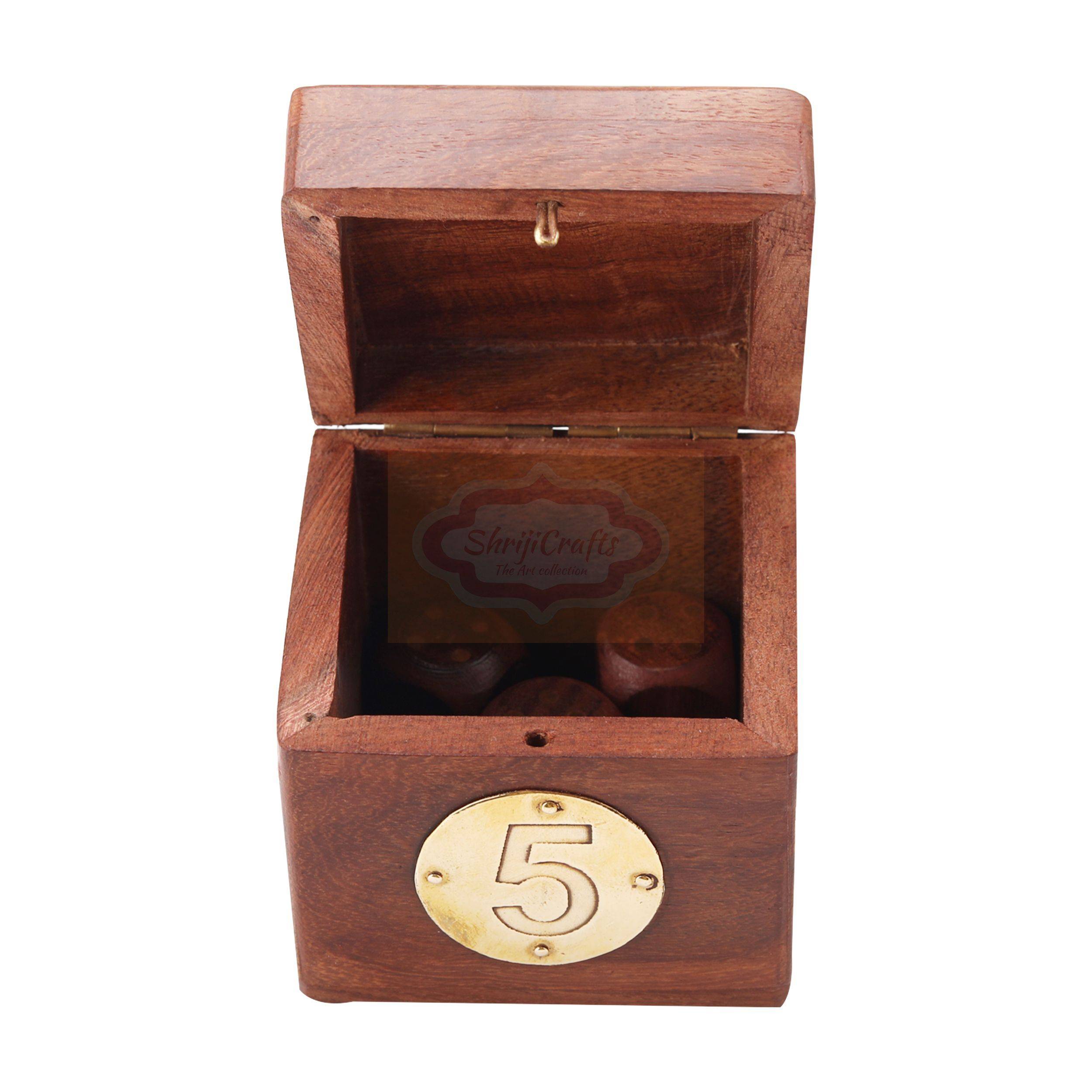 Handcrafted wooden dice box complete with 5 premium playing dice - View 3