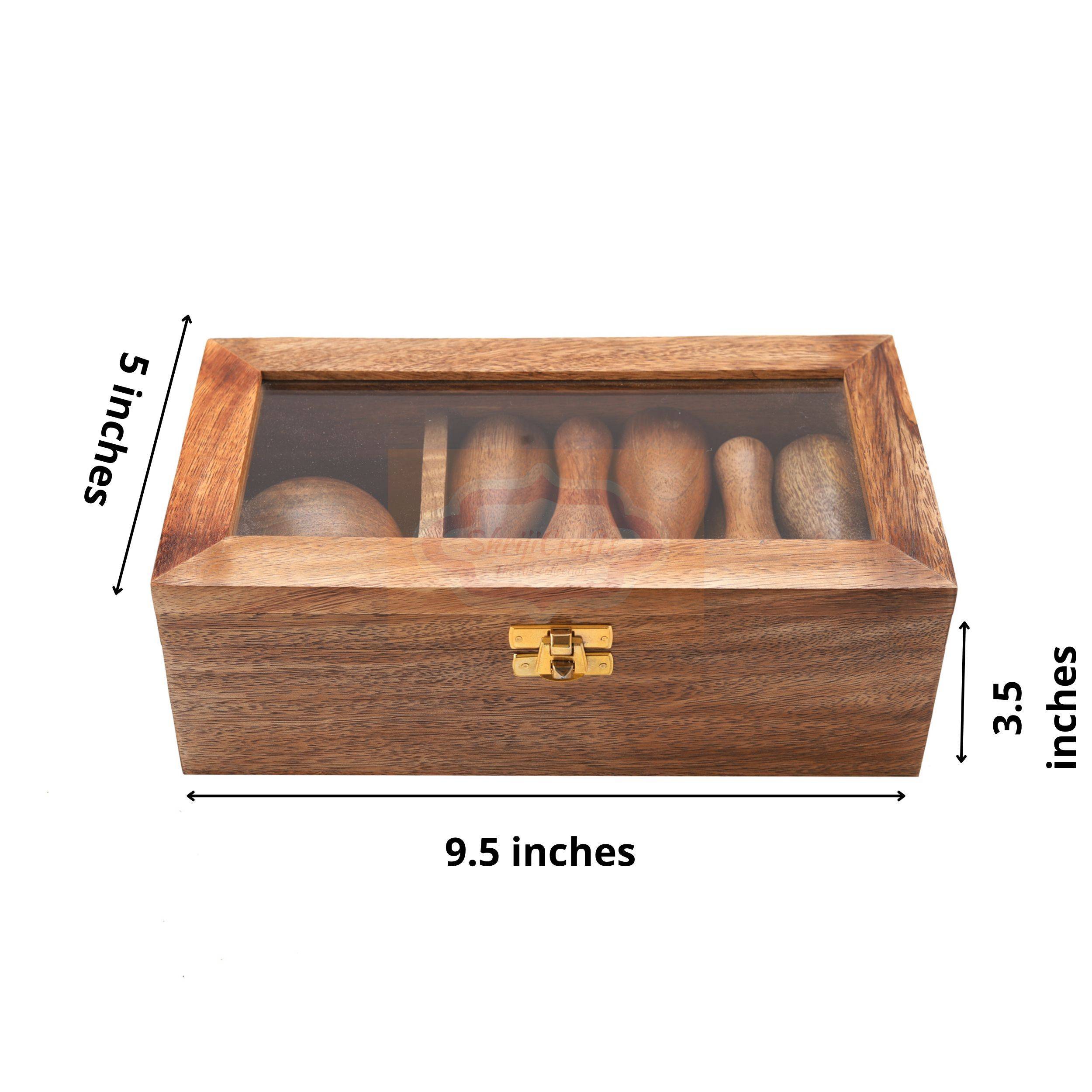 Handcrafted wooden mini bowling game set with a premium glass lid storage box — handcrafted wooden product by Shrijicrafts