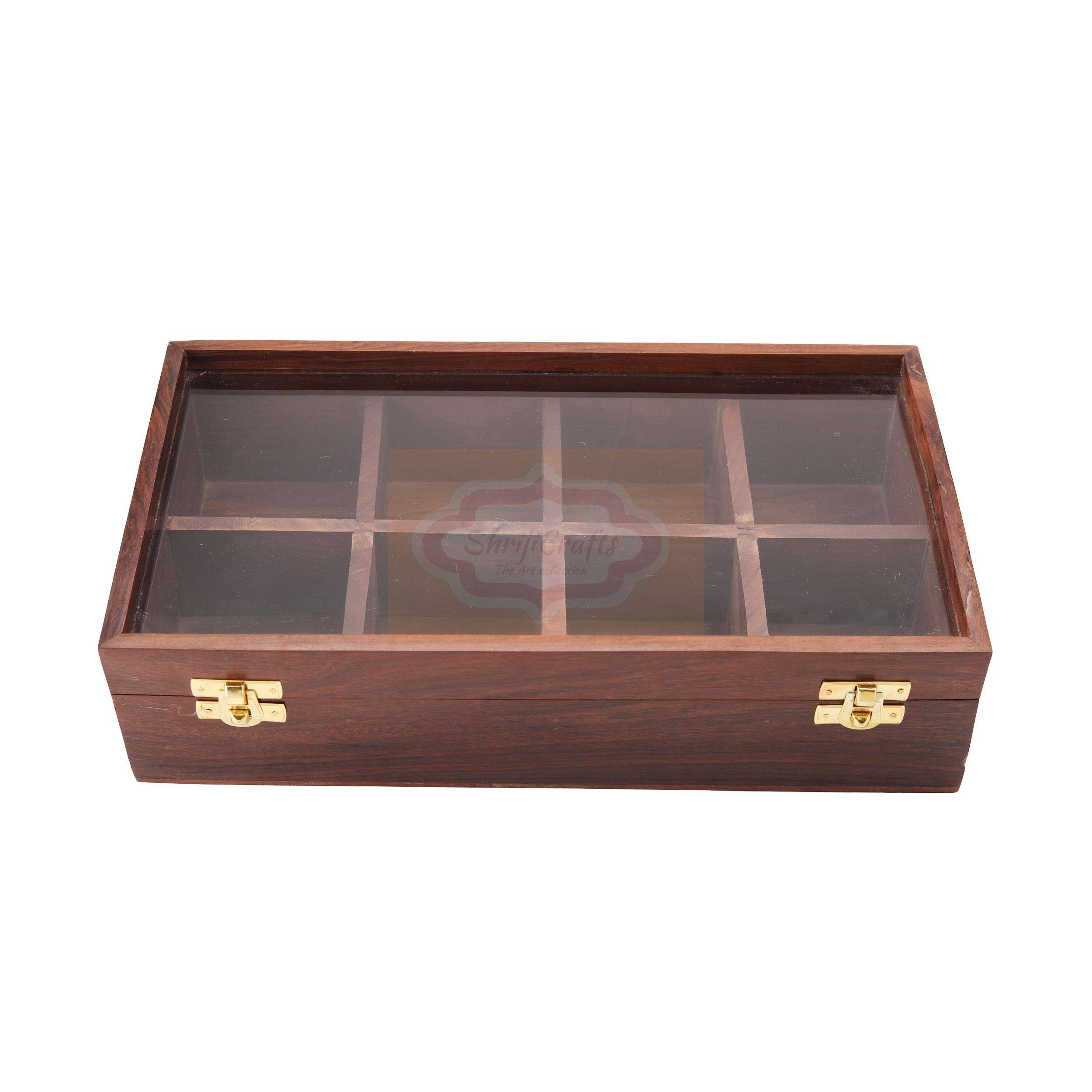 Handcrafted wooden tea bag organizer with 8 spacious compartments and a glass lid - View 5
