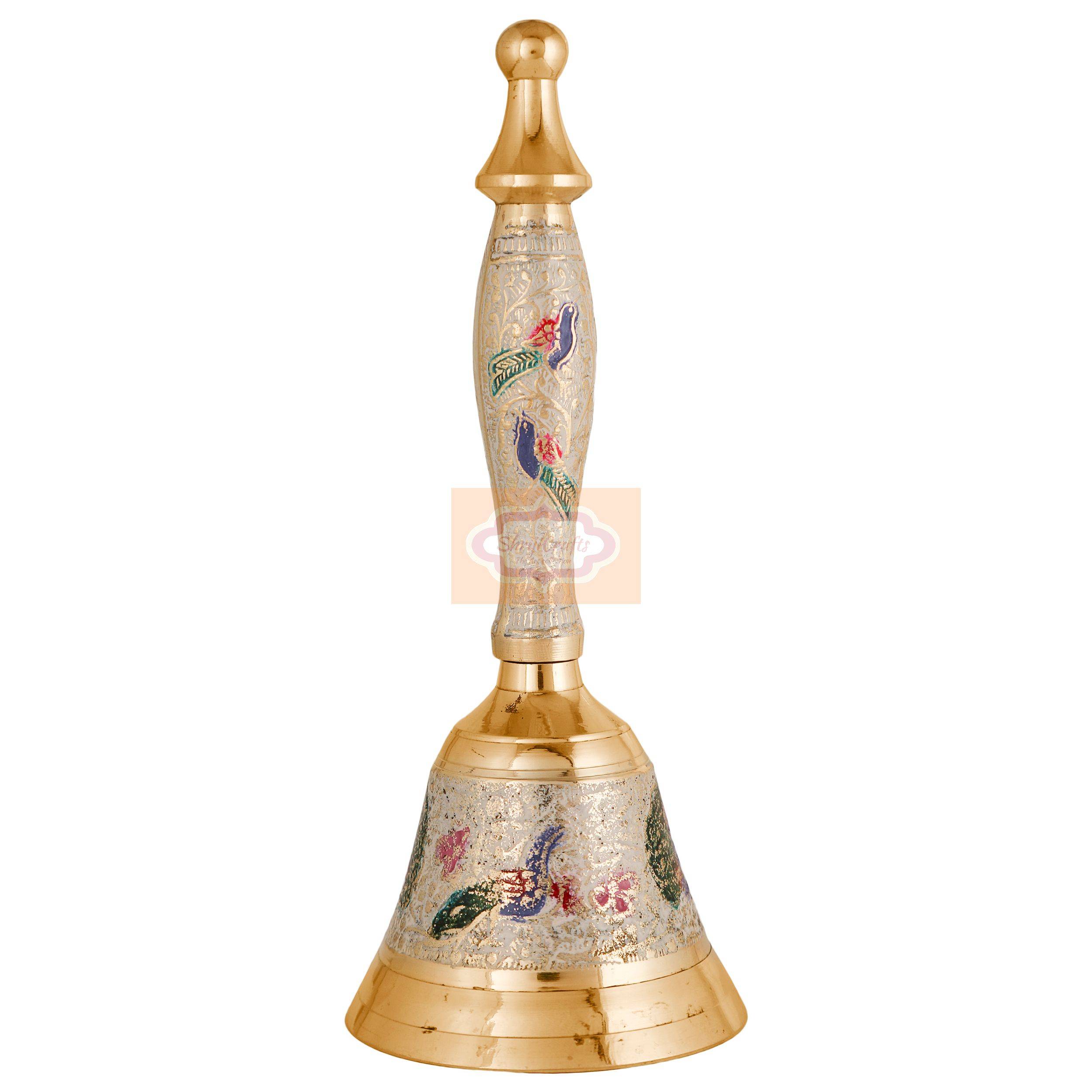 Handcrafted Peacock Printed Brass Hand Bell with vibrant decorative artwork - View 4
