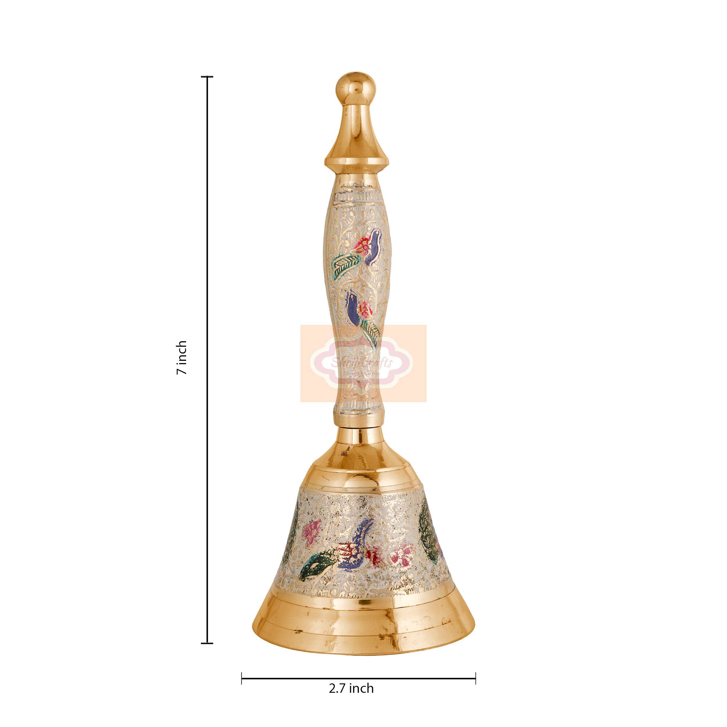 Handcrafted Peacock Printed Brass Hand Bell with vibrant decorative artwork - View 6