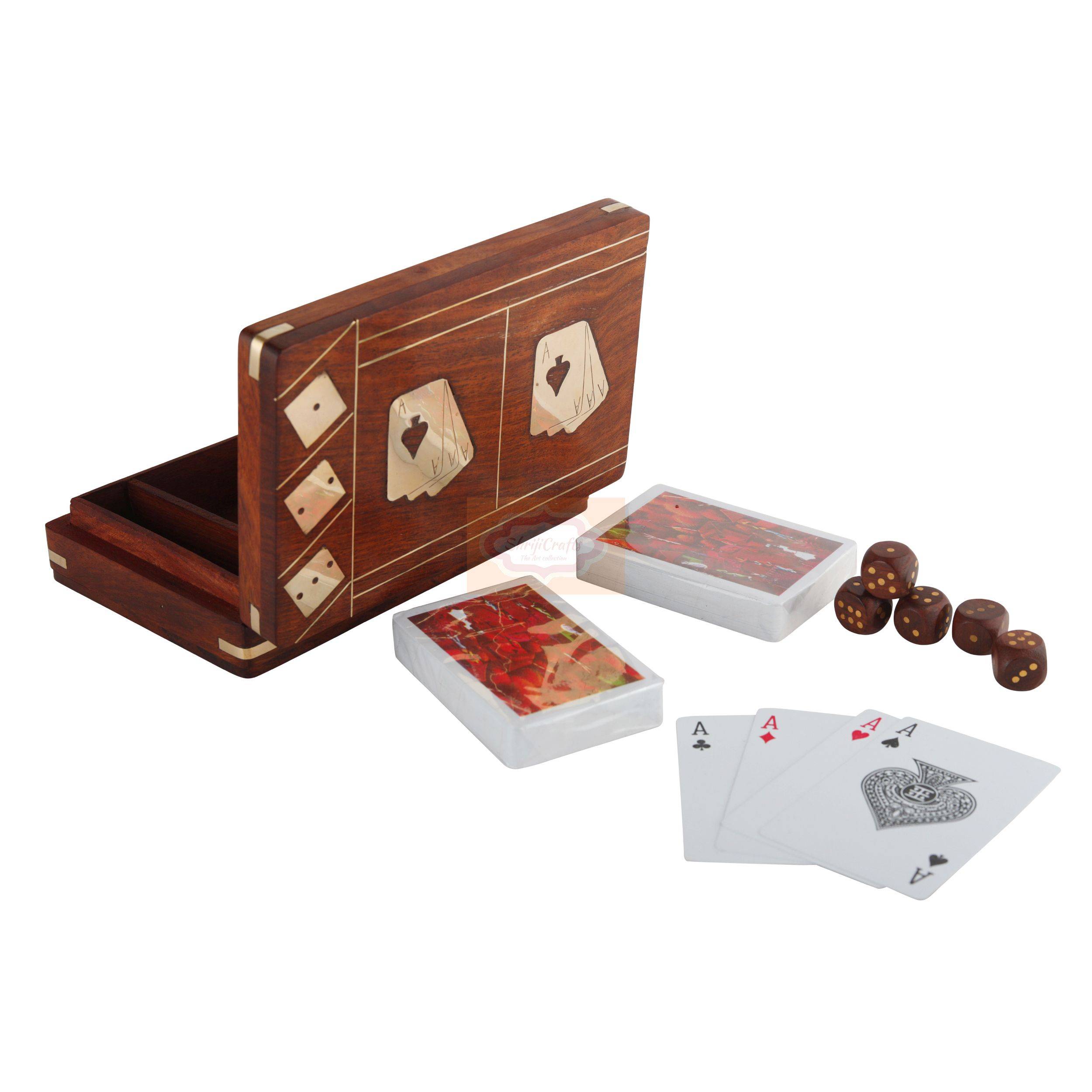 Handcrafted wooden playing card box designed to store 2 decks of cards and 5 dice - View 2