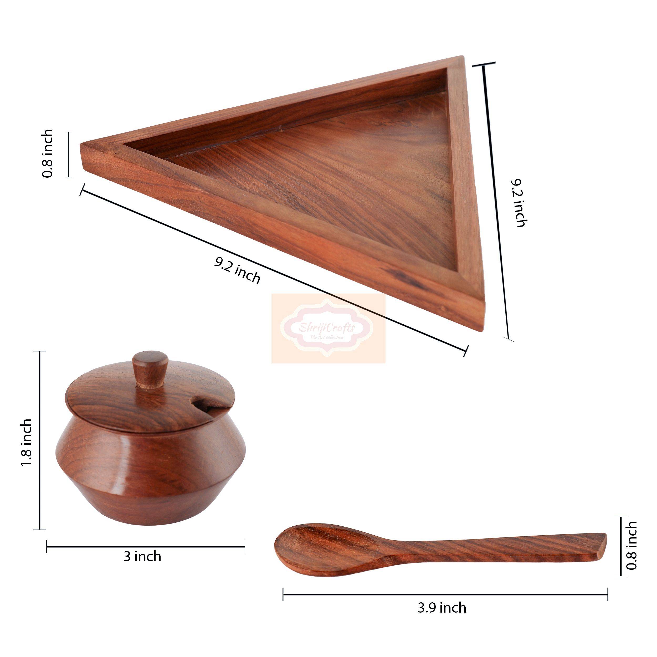 Handcrafted multicolor wooden mukhwas container set with 3 bowls, matching spoons, and a stylish triangle serving tray - View 4