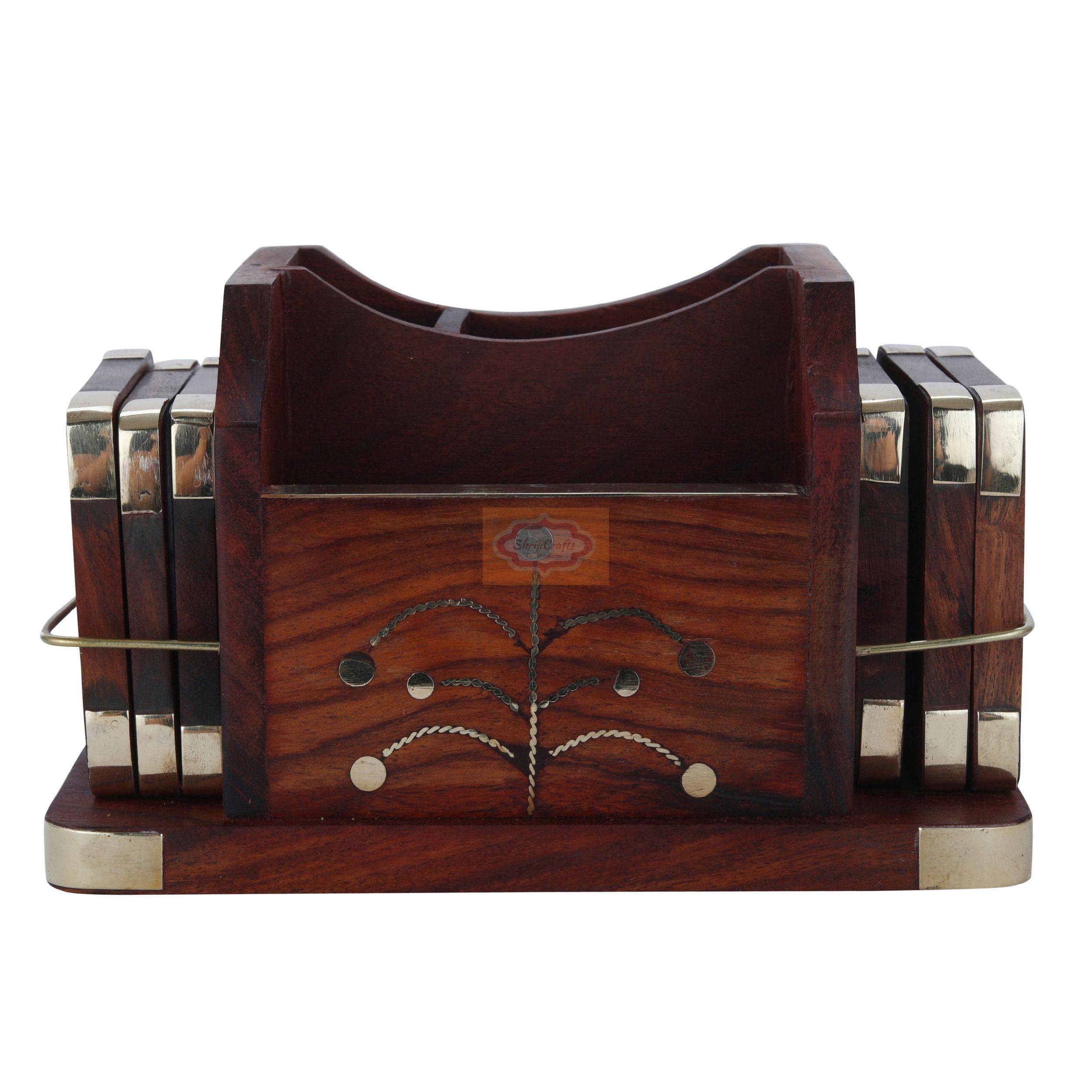 Handcrafted Sheesham wood desk organizer with matching coaster set and elegant brass inlay - View 3