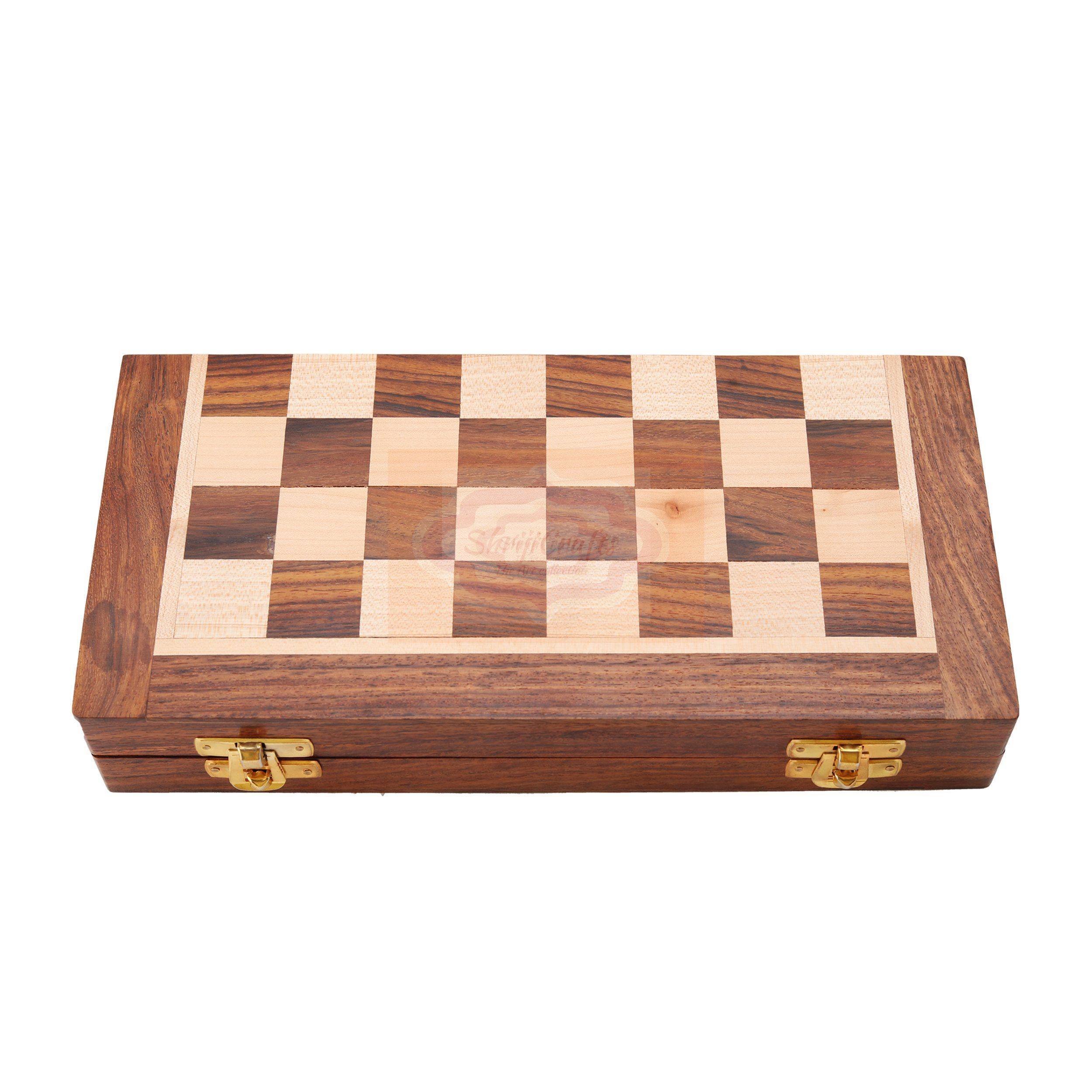 Handcrafted 2-in-1 wooden Backgammon and Chess set with a foldable storage design — handcrafted wooden product by Shrijicrafts