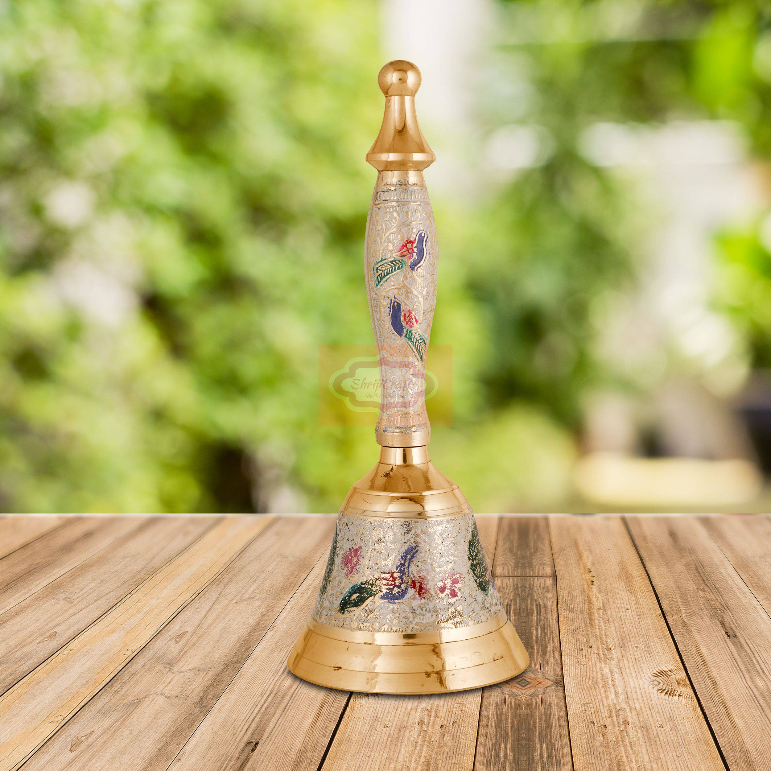 Handcrafted Peacock Printed Brass Hand Bell with vibrant decorative artwork - View 5
