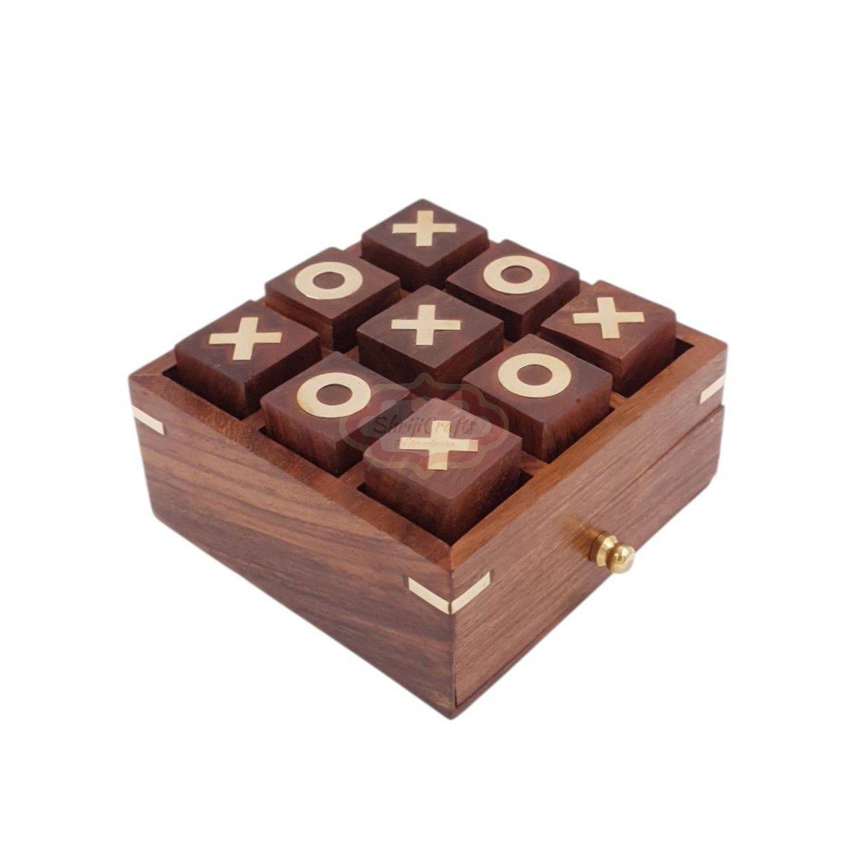 Handcrafted 3-in-1 wooden game box featuring Tic Tac Toe, playing card storage, and 5 dice storage - View 3