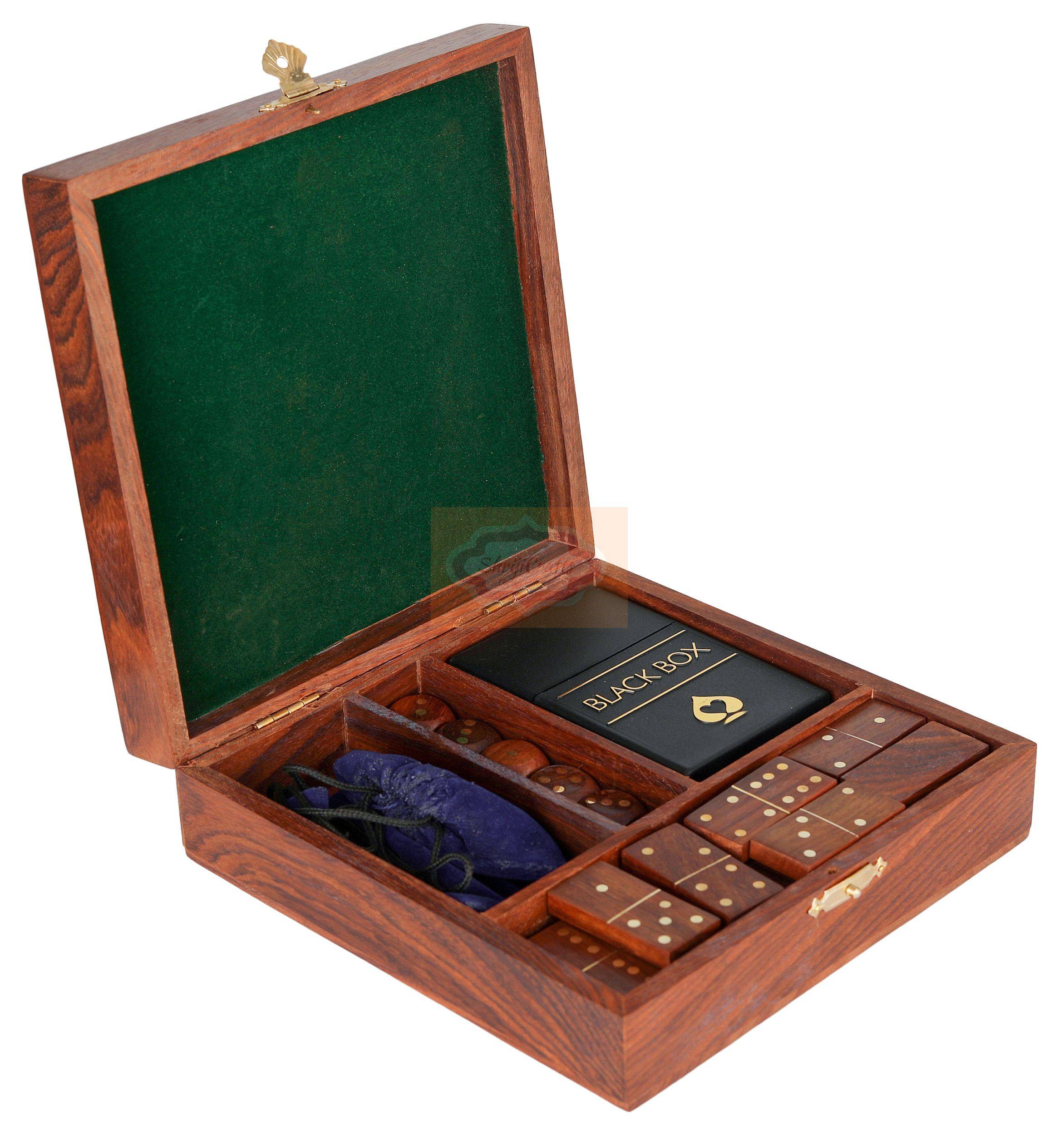 Handcrafted 3-in-1 wooden game set featuring Chess, Dominoes, and Dice in one compact box - View 3