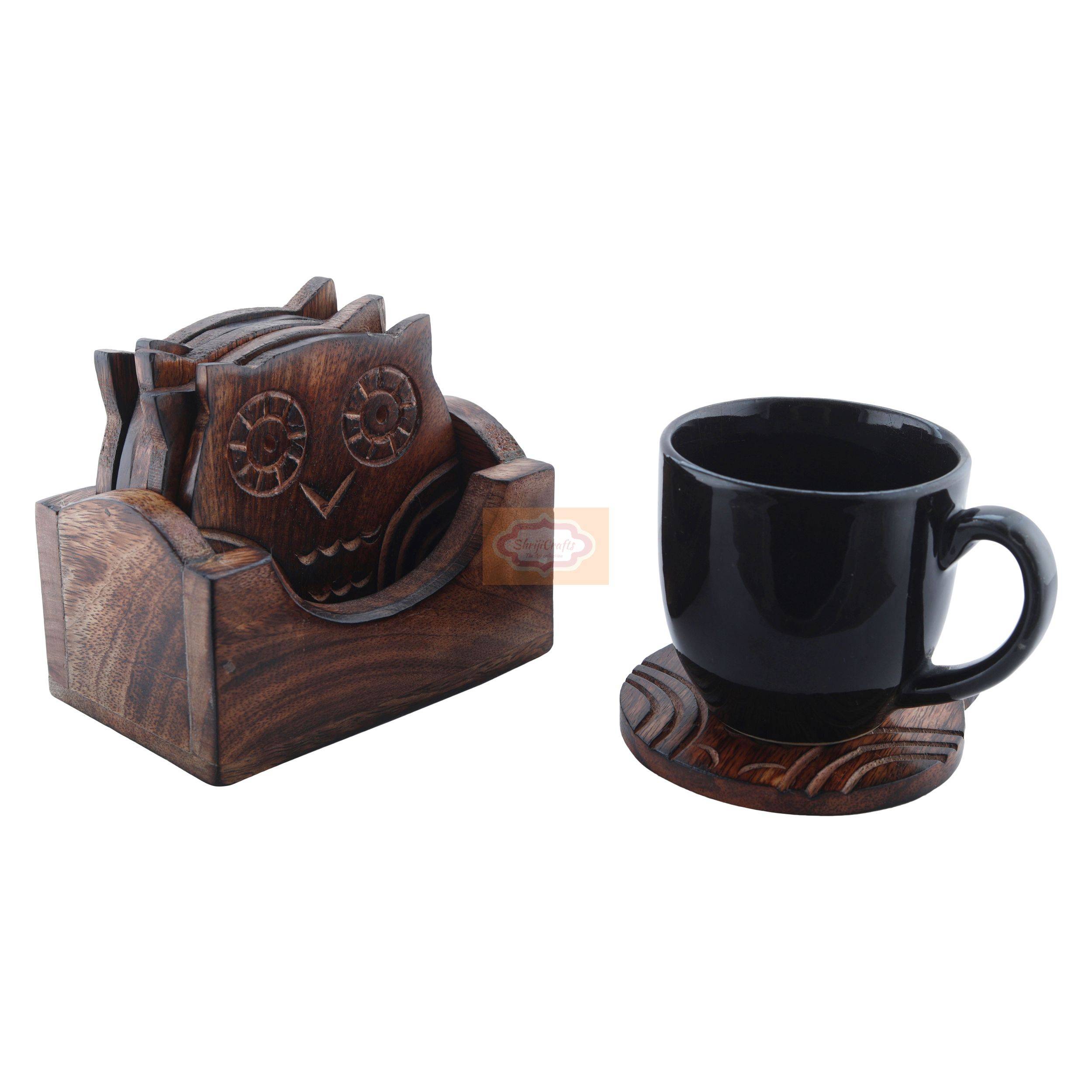 Handcrafted wooden owl coaster set with 6 coasters and a matching storage holder - View 4
