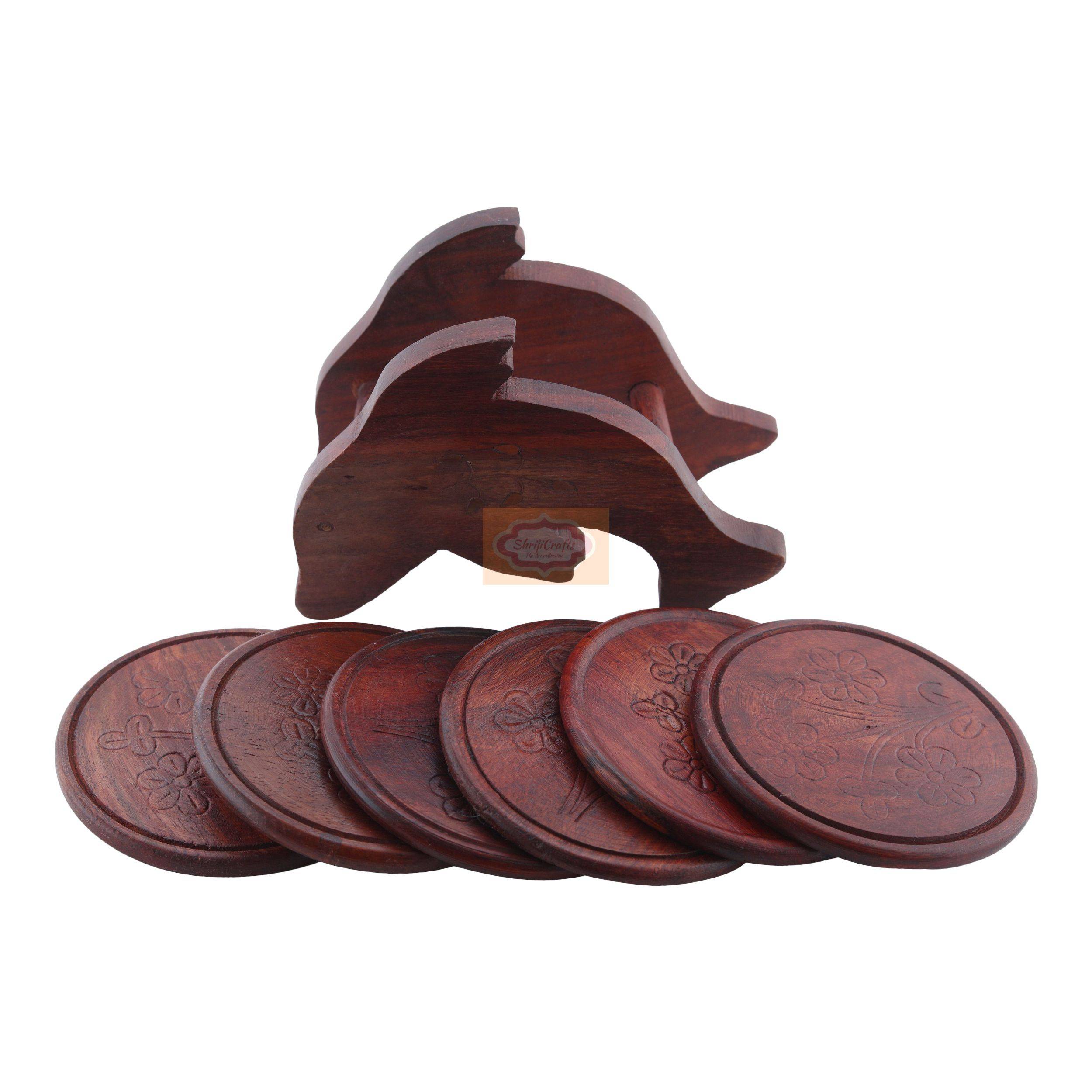 Handcrafted wooden elephant coaster set with 6 coasters and a matching holder - View 3