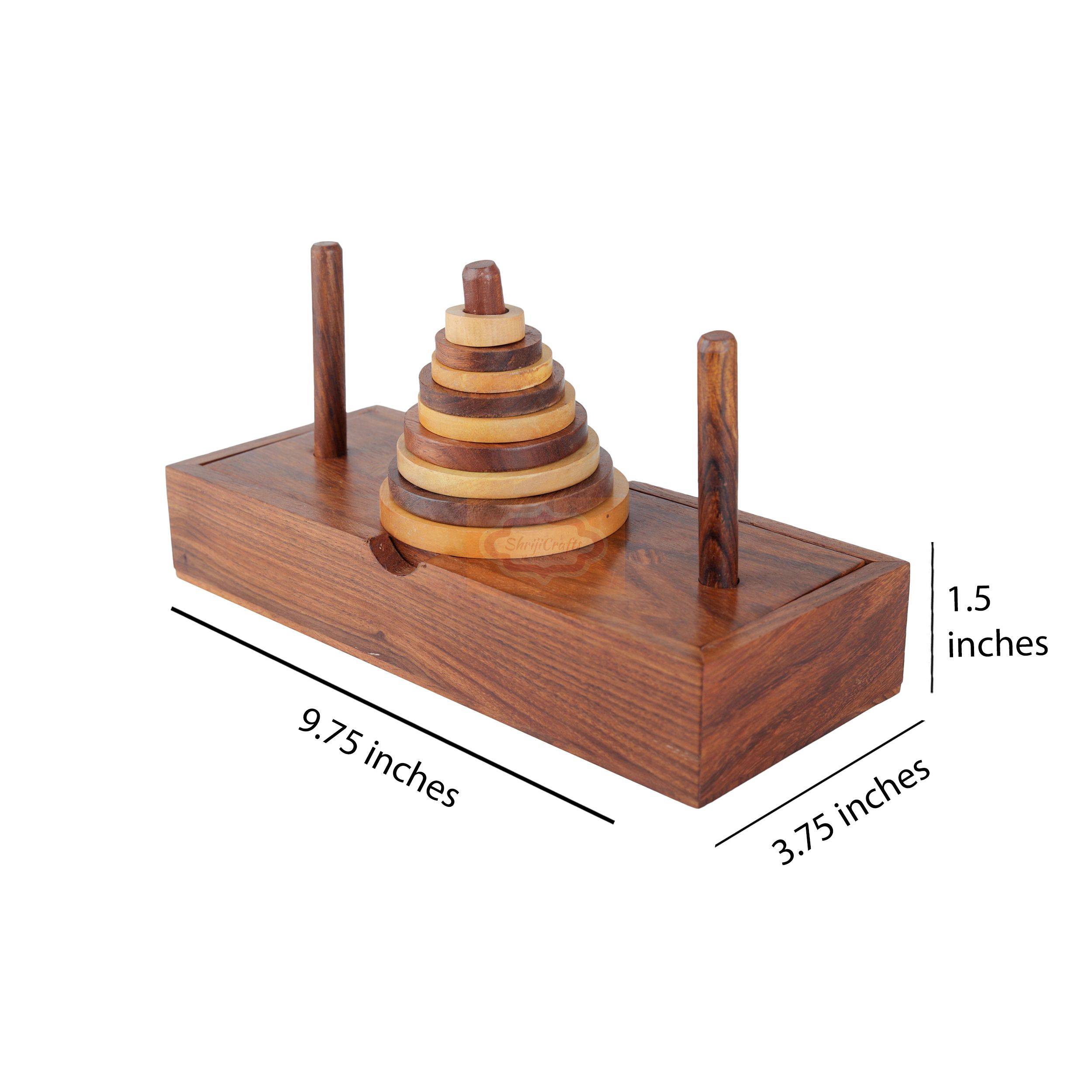 Handcrafted wooden Tower of Hanoi puzzle with 9 discs, 3 rods, and a wooden storage box - View 6