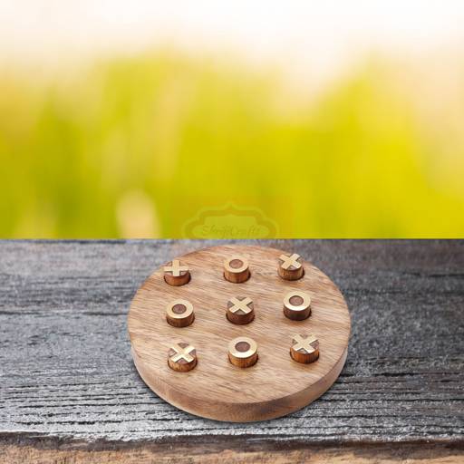 Handcrafted round wooden Tic Tac Toe game with durable X & O playing pieces